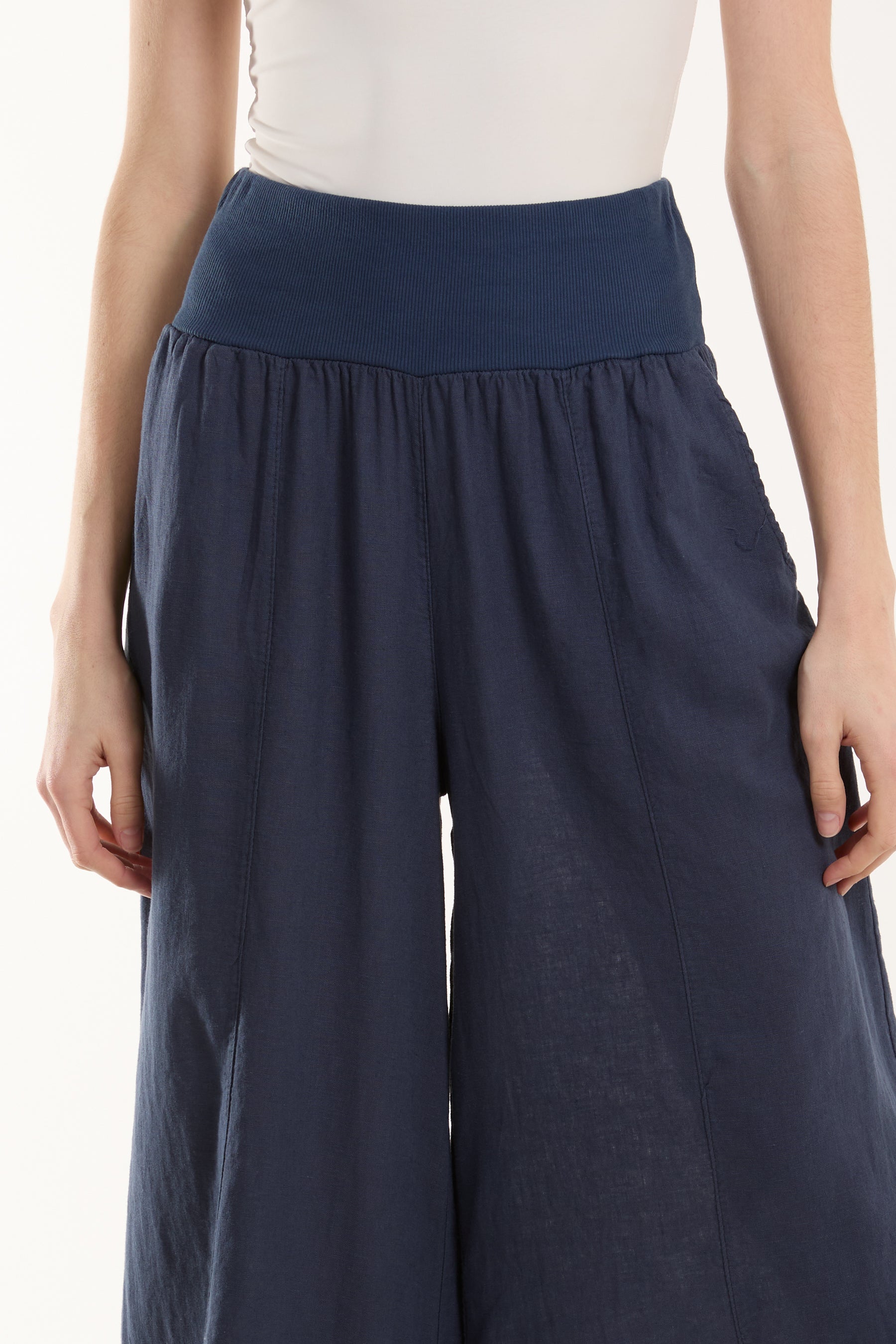 Linen Blend Wide Leg Waistband Trousers