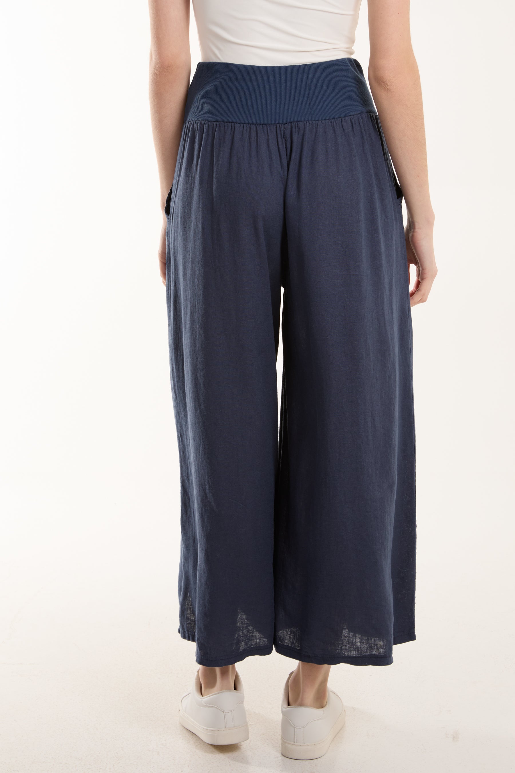 Linen Blend Wide Leg Waistband Trousers