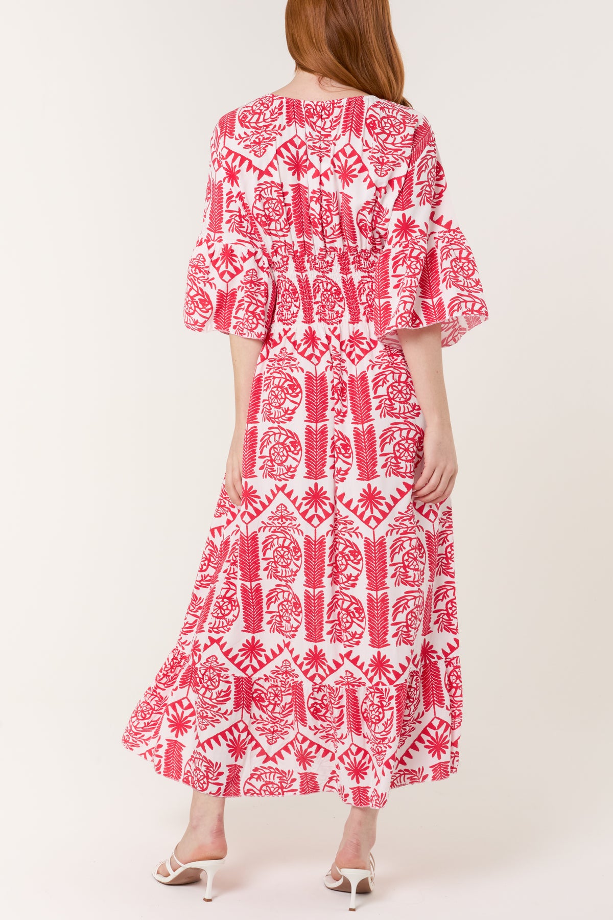 Baroque Shirred Bodice Midaxi Dress