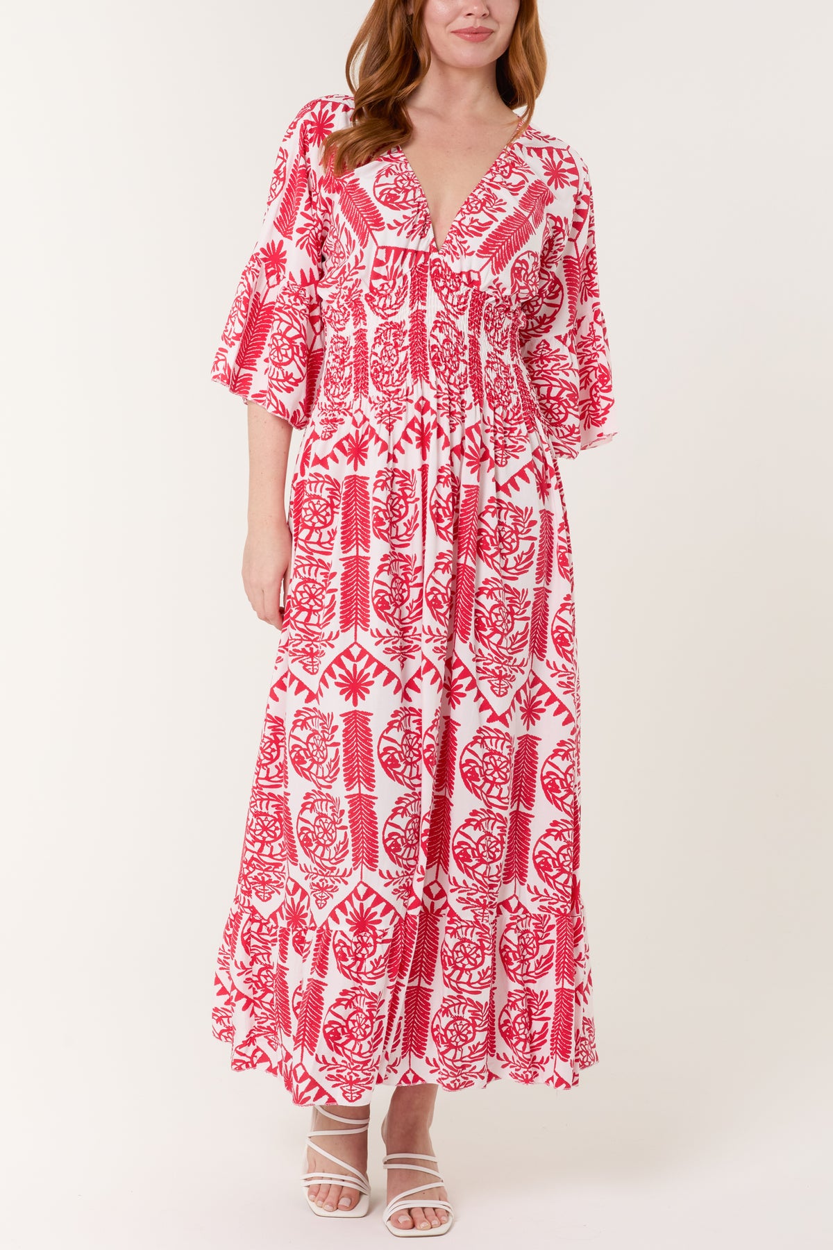 Baroque Shirred Bodice Midaxi Dress