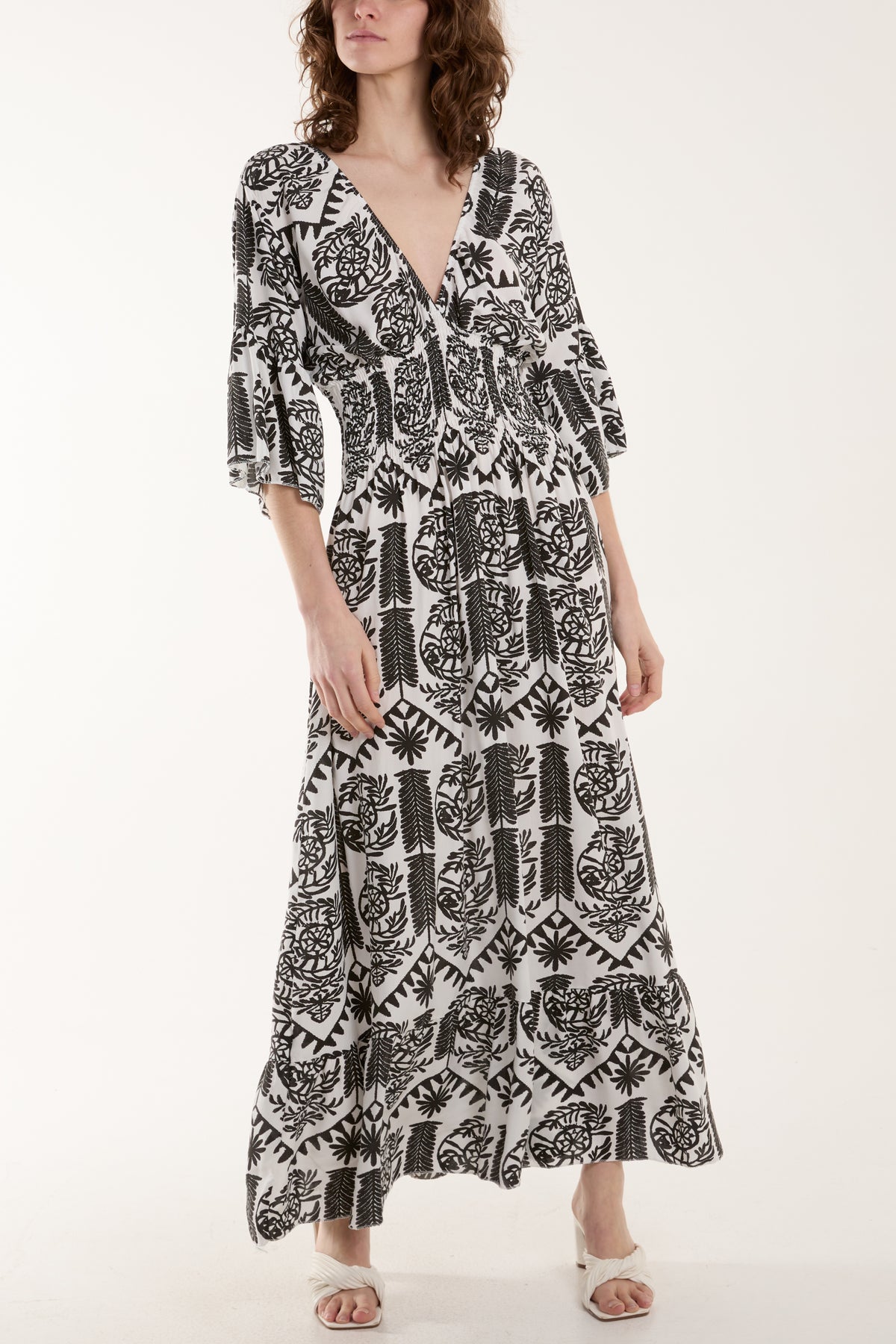 Baroque Shirred Bodice Midaxi Dress