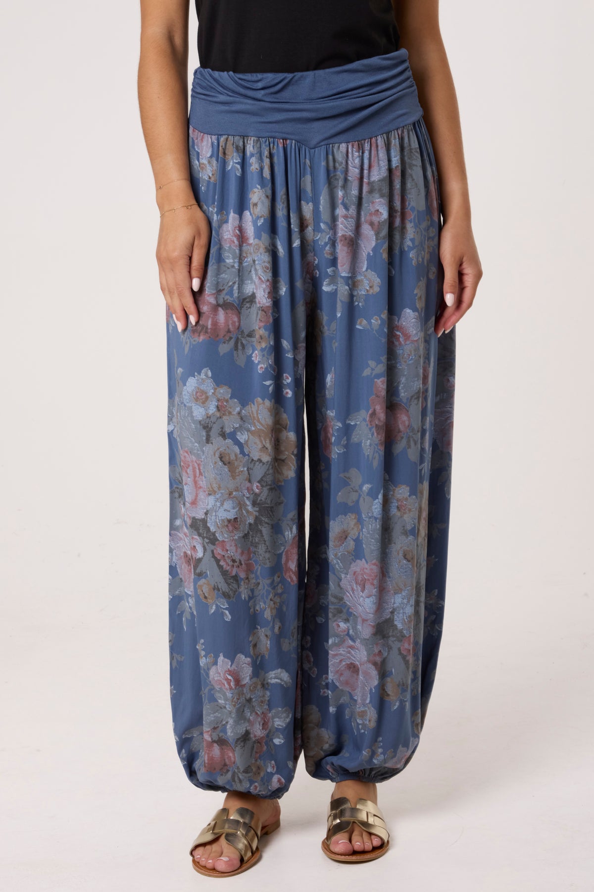 Roses Contrast Waist Harem Trousers