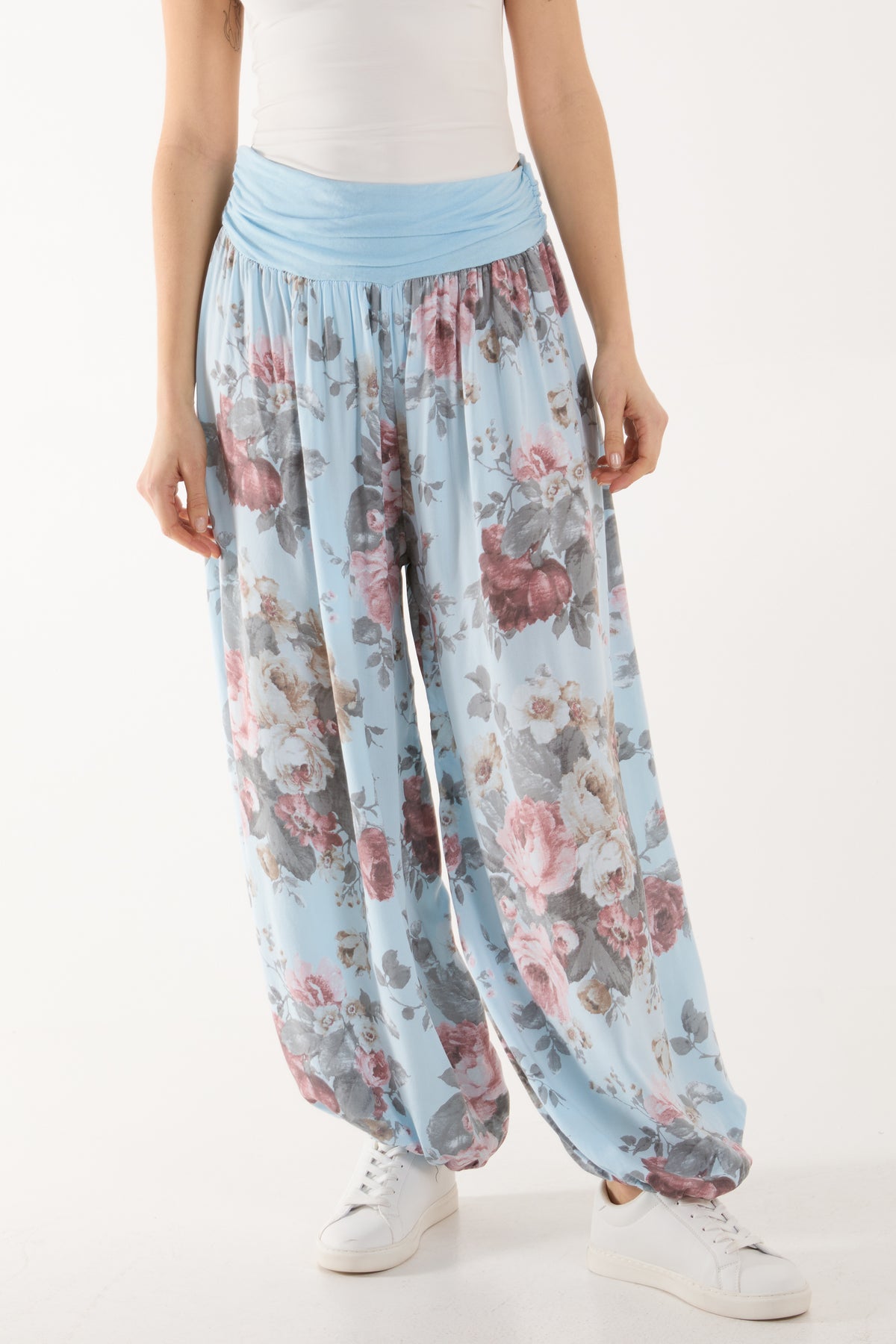 Roses Contrast Waist Harem Trousers