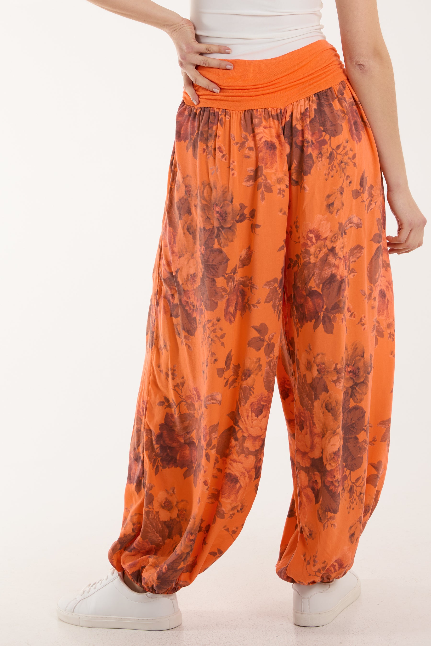Roses Contrast Waist Harem Trousers