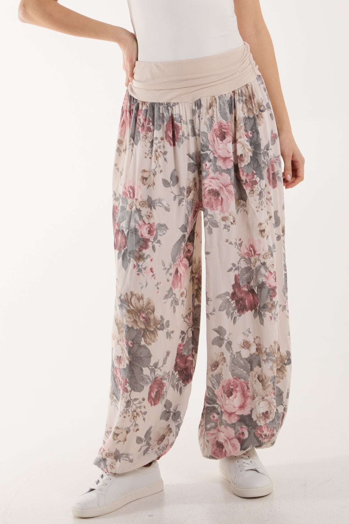 Roses Contrast Waist Harem Trousers