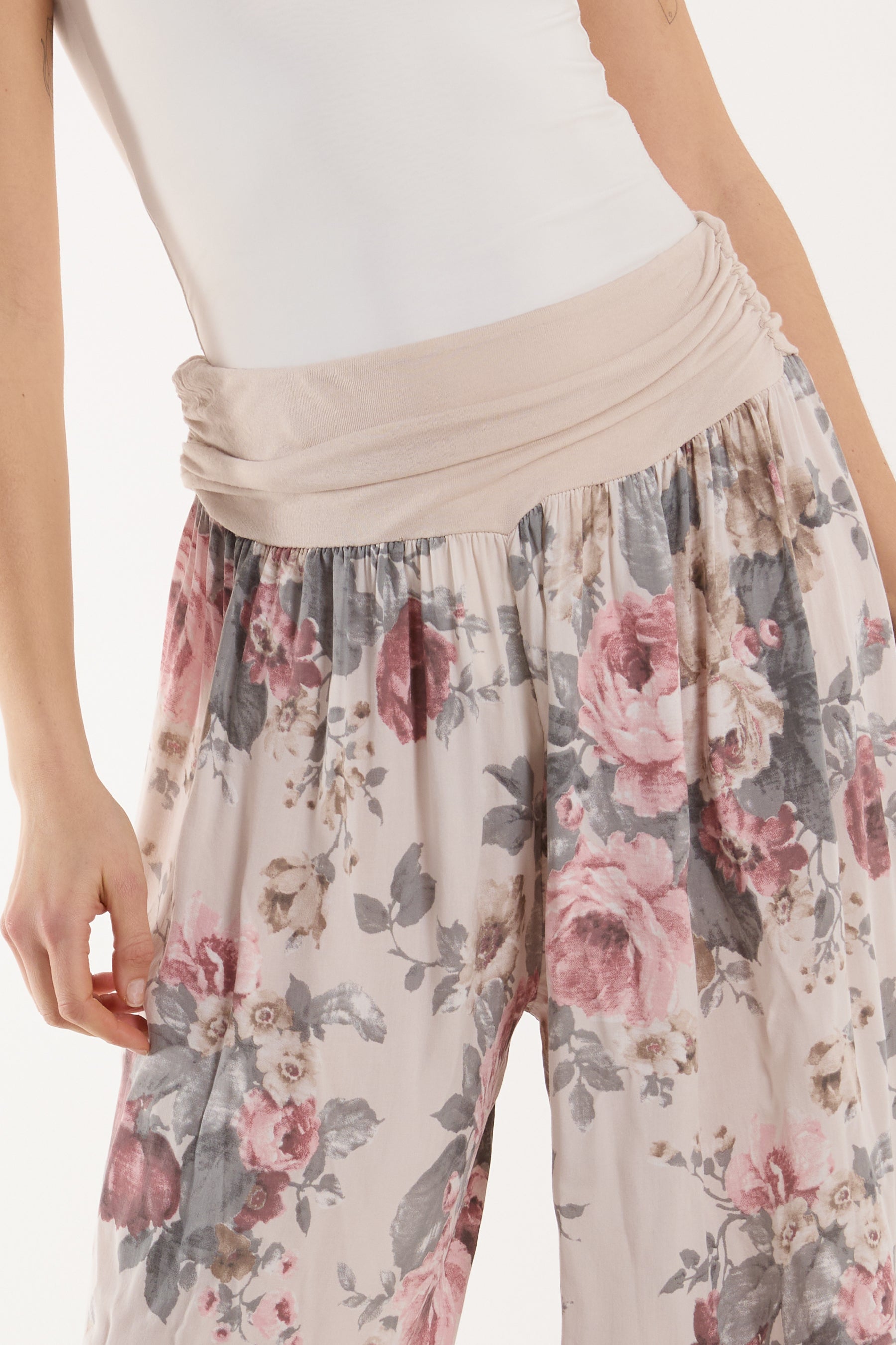 Roses Contrast Waist Harem Trousers