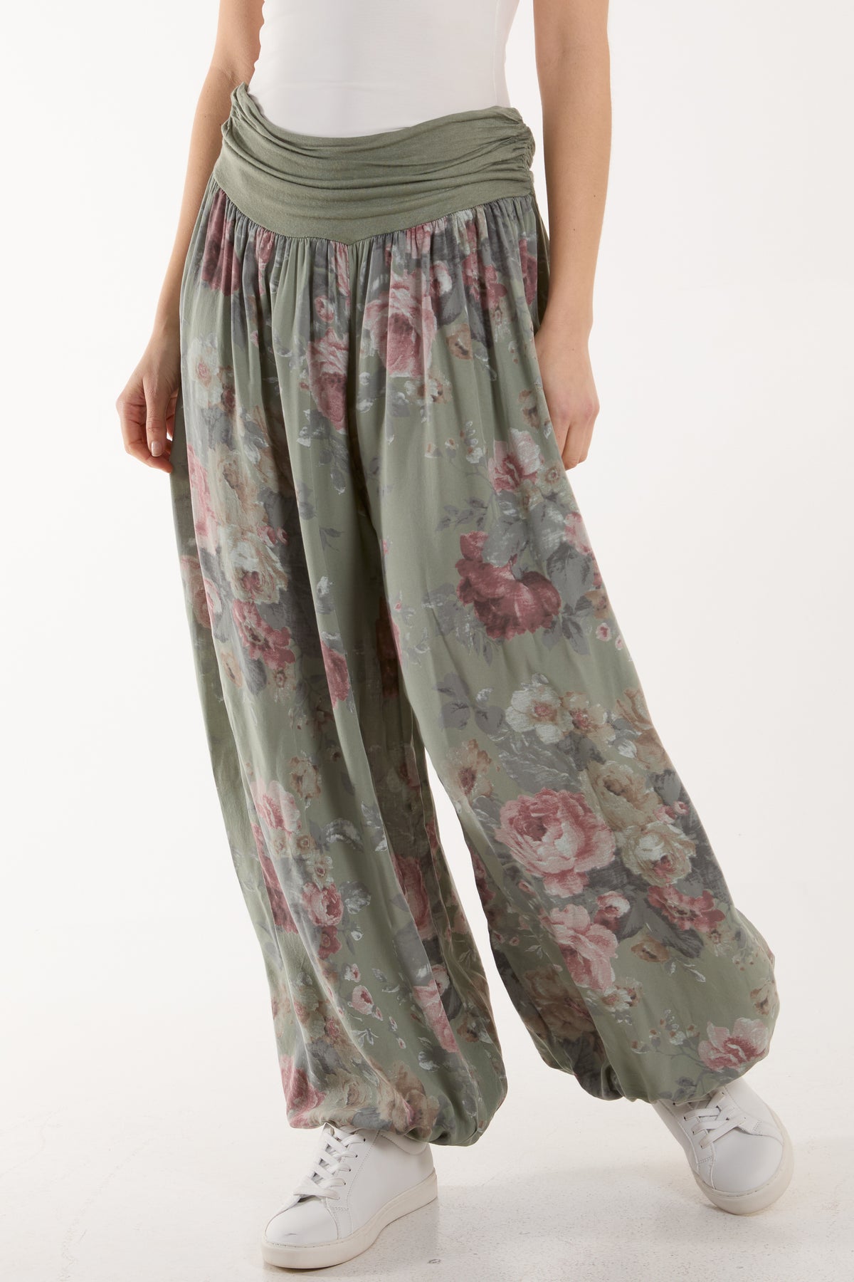 Roses Contrast Waist Harem Trousers