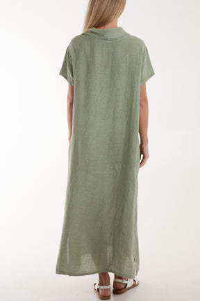 Linen Cowl Neck Pocket Midi Dress