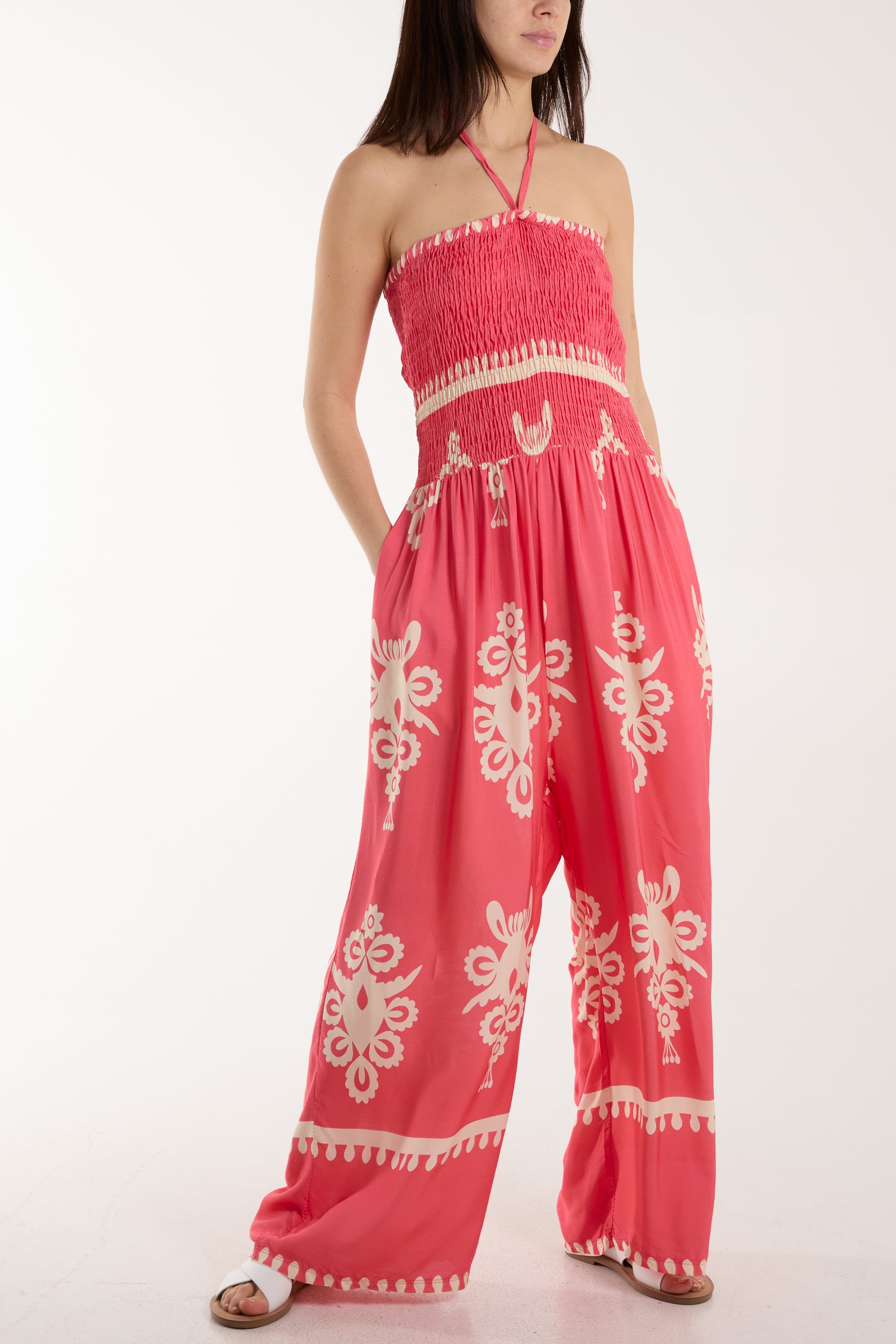 Shirred Bodice Bandeau Printed Jumpsuit