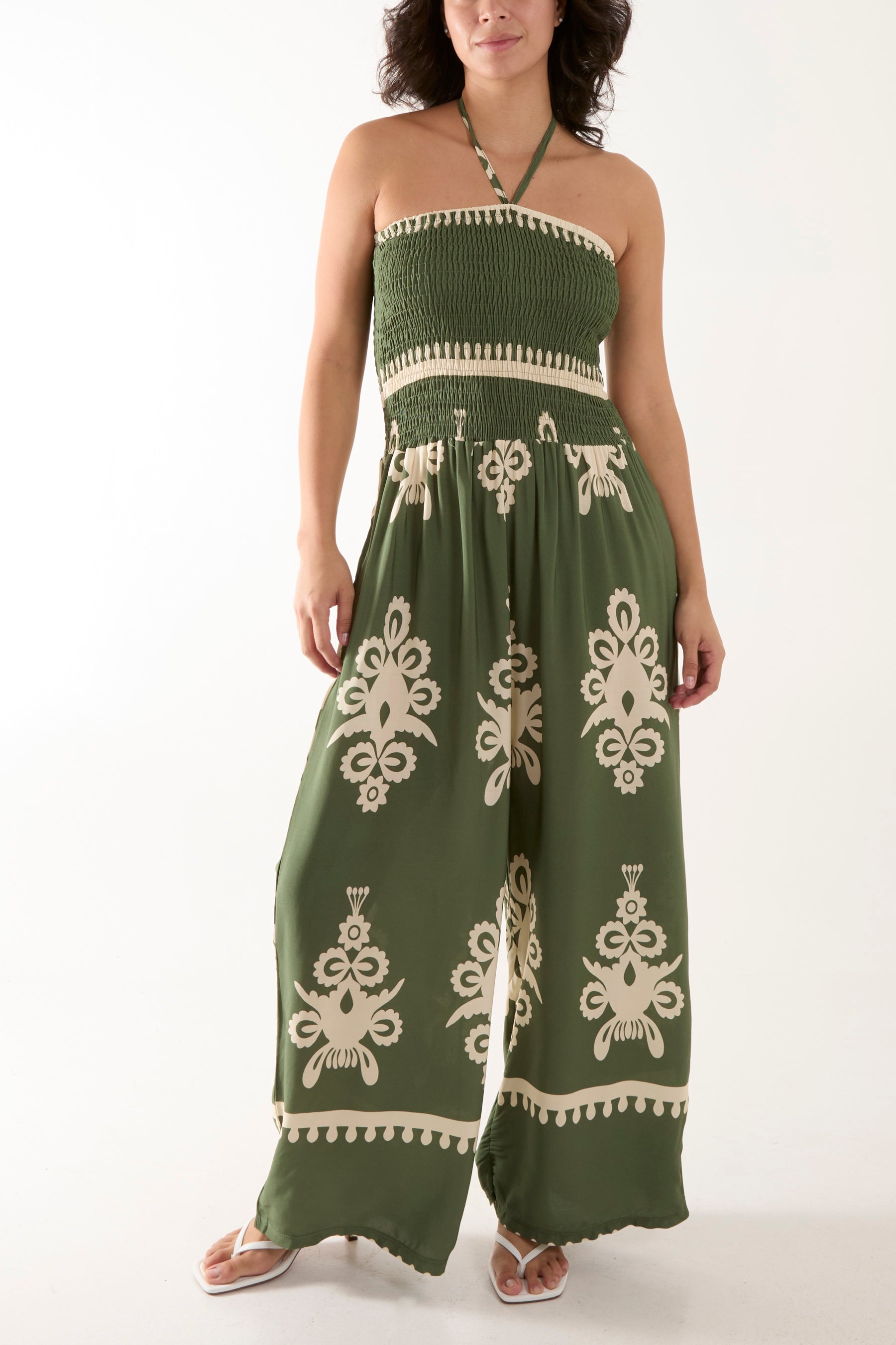 Shirred Bodice Bandeau Printed Jumpsuit