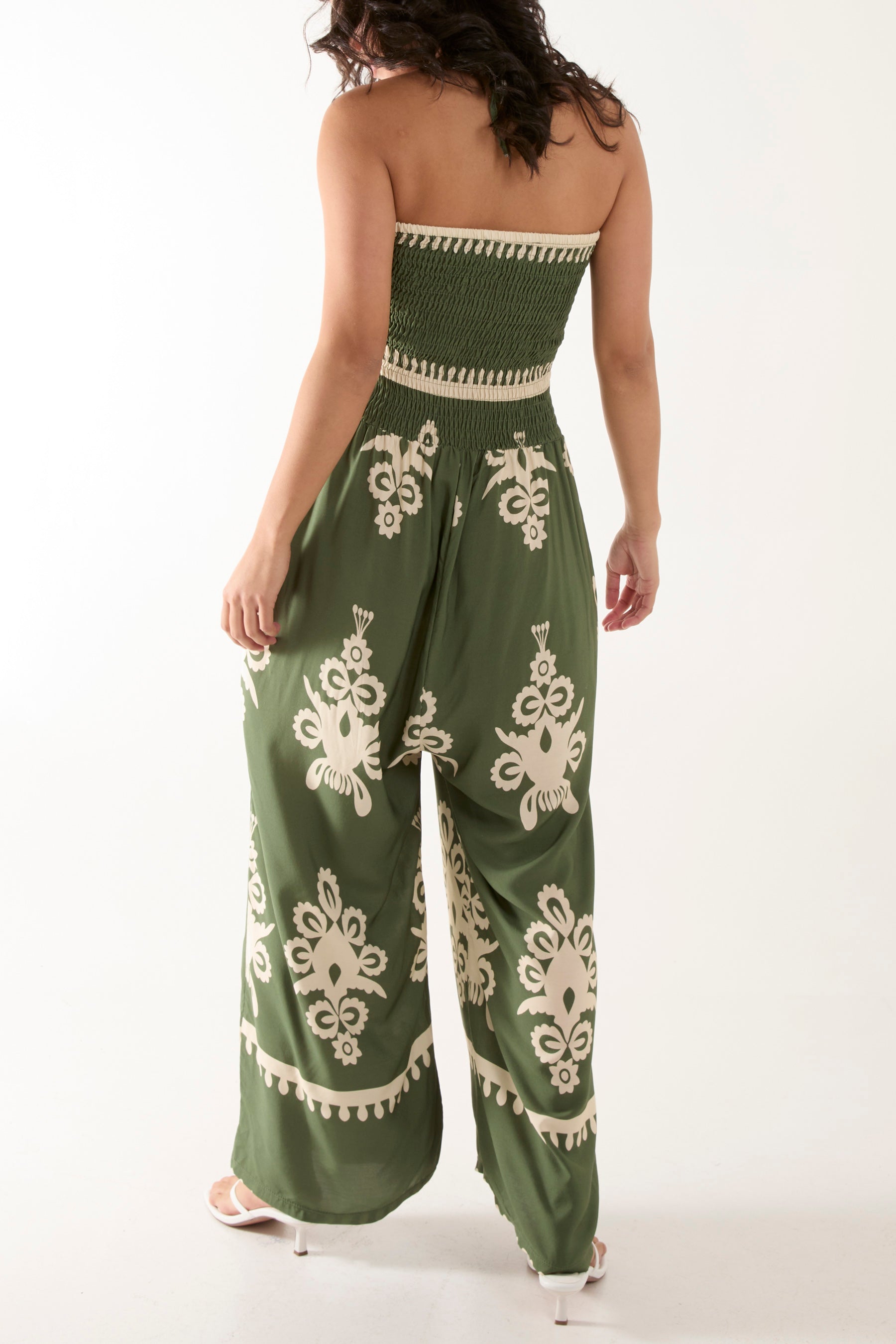 Shirred Bodice Bandeau Printed Jumpsuit