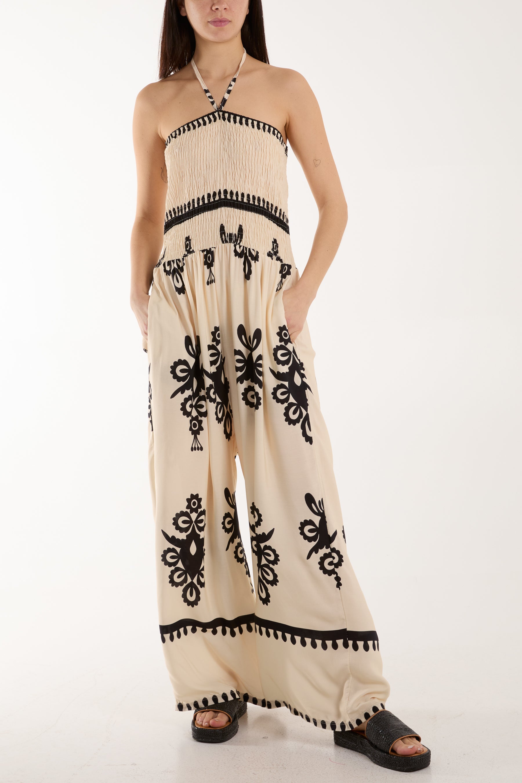 Shirred Bodice Bandeau Printed Jumpsuit
