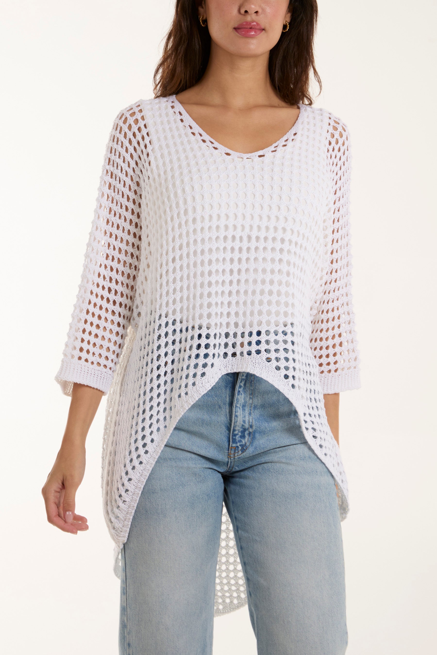 Crochet Dipped Hem 3/4 Sleeve Top