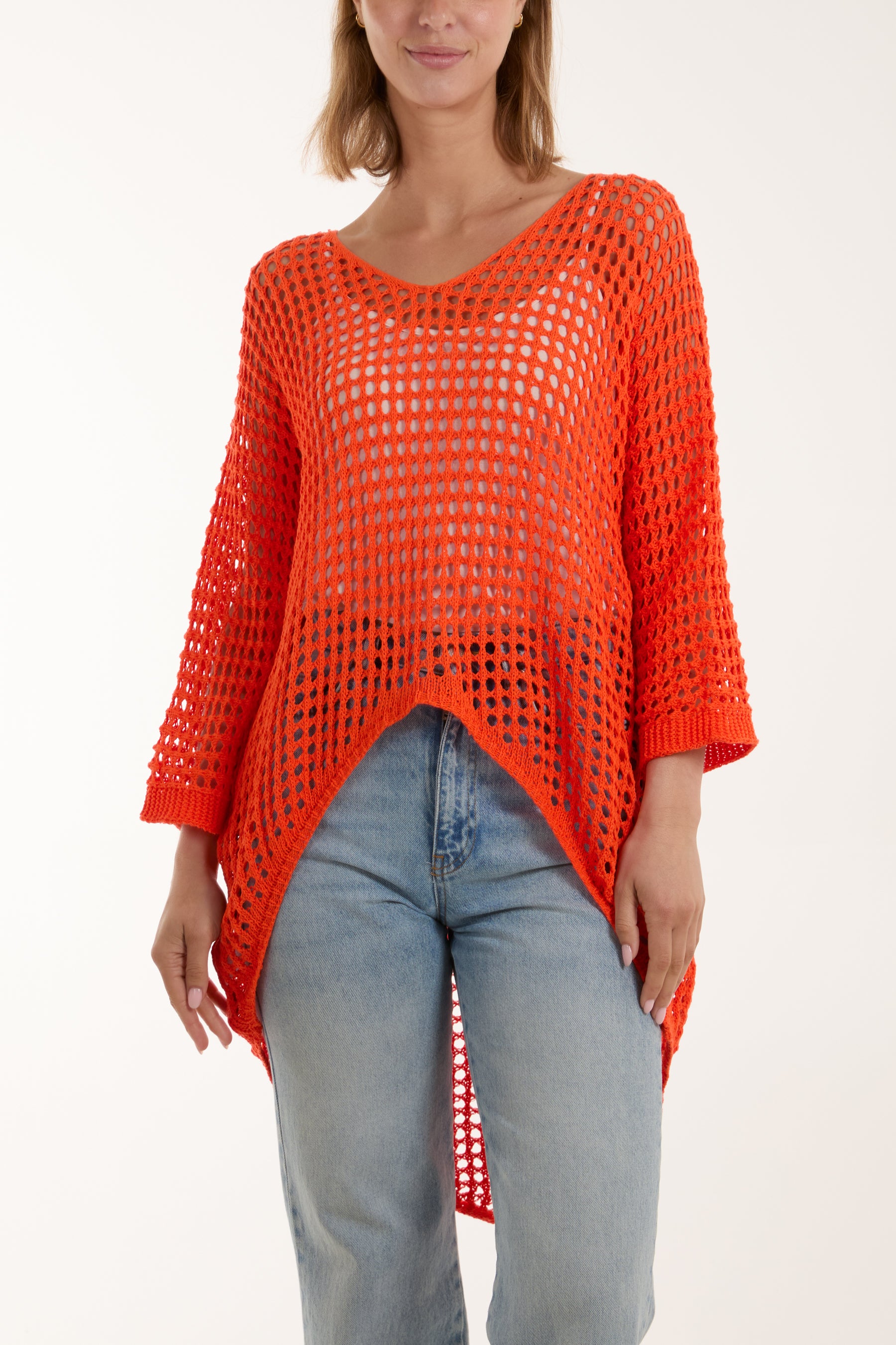 Crochet Dipped Hem 3/4 Sleeve Top