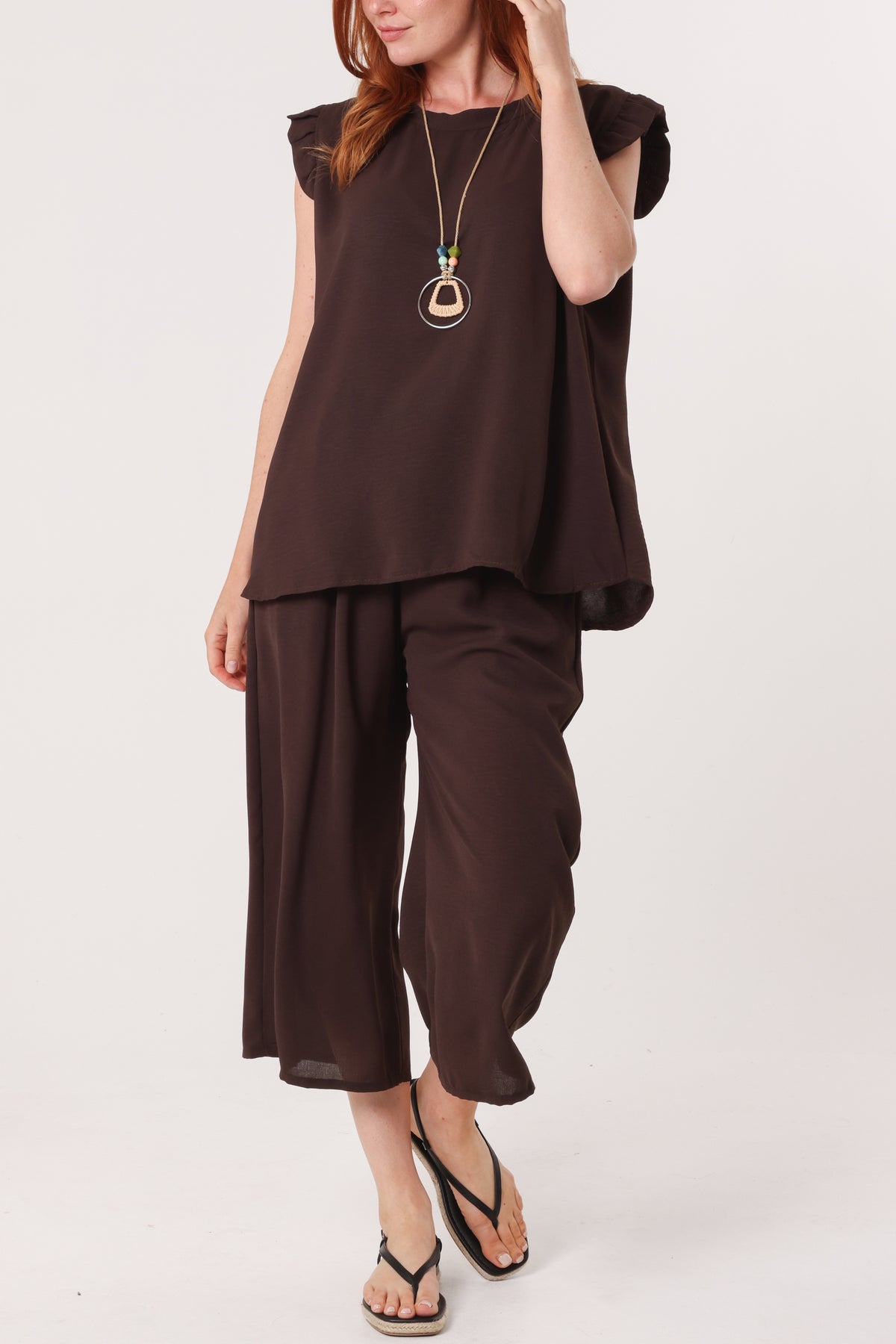 Ruffle Sleeve Top Culotte Trousers Set