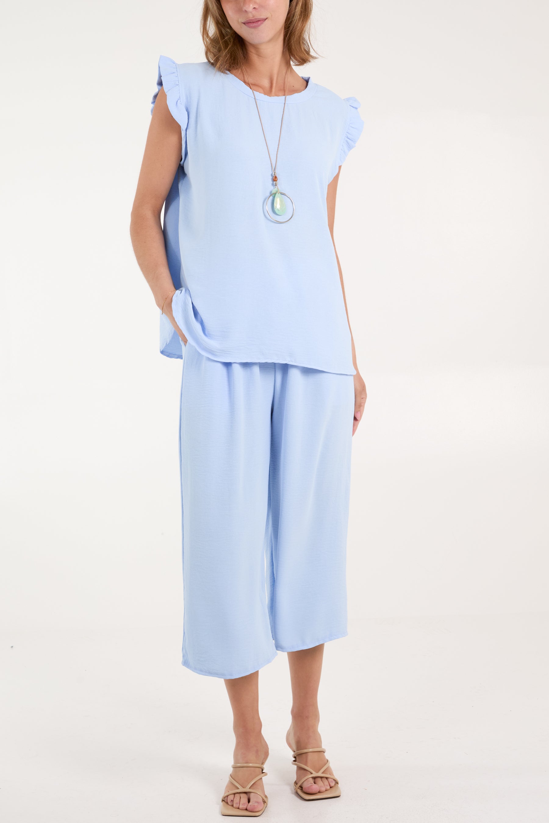 Ruffle Sleeve Top Culotte Trousers Set
