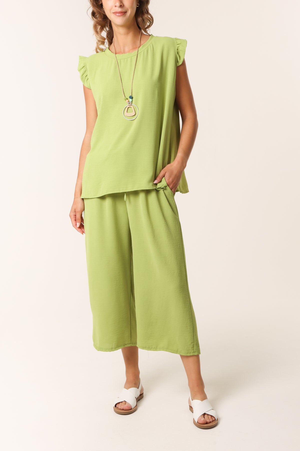 Ruffle Sleeve Top Culotte Trousers Set