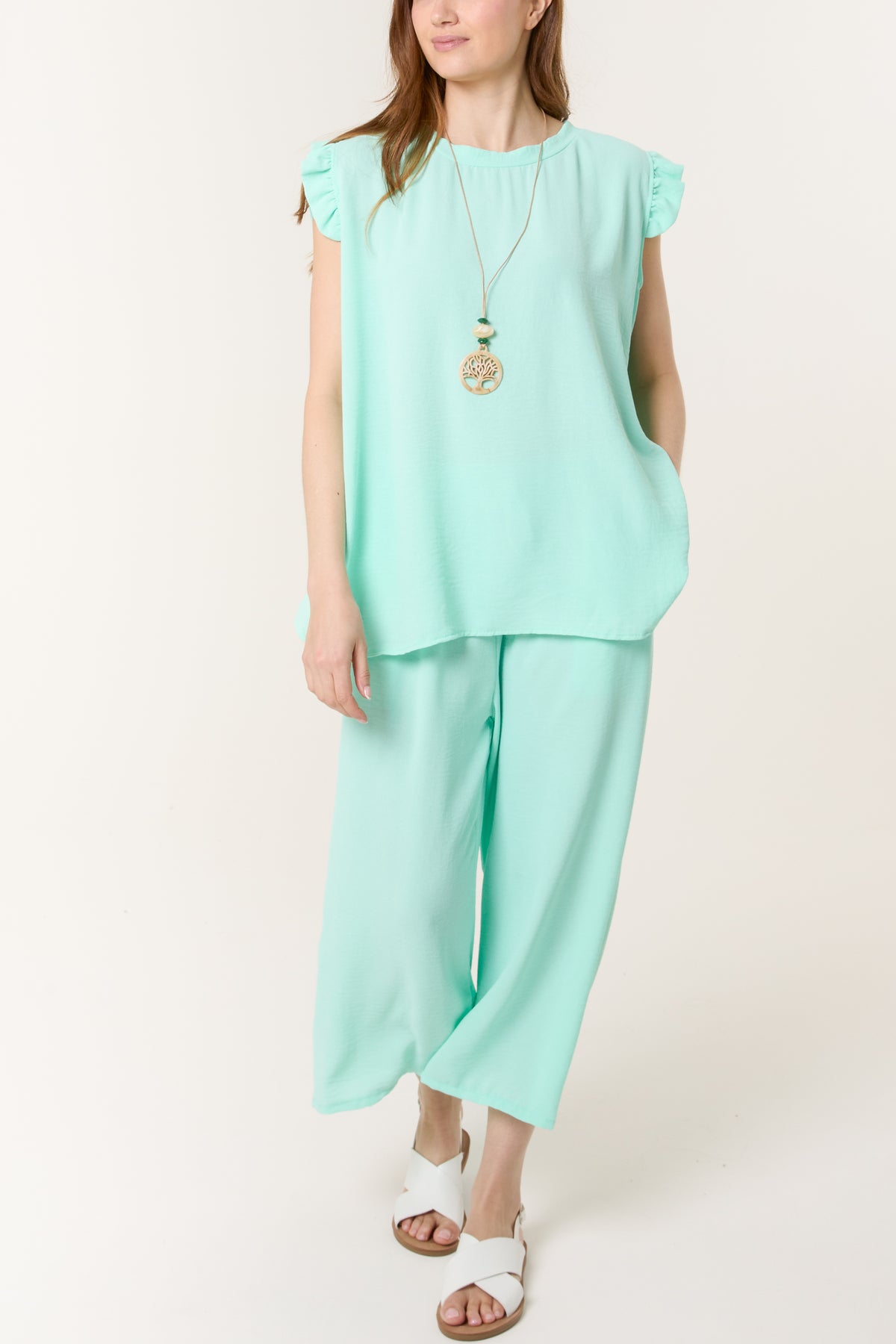 Ruffle Sleeve Top Culotte Trousers Set