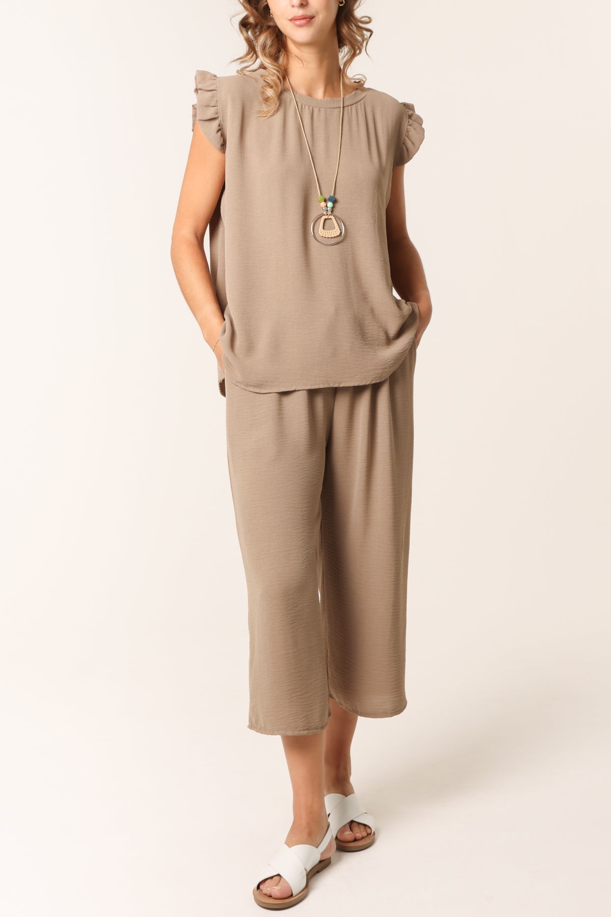 Ruffle Sleeve Top Culotte Trousers Set