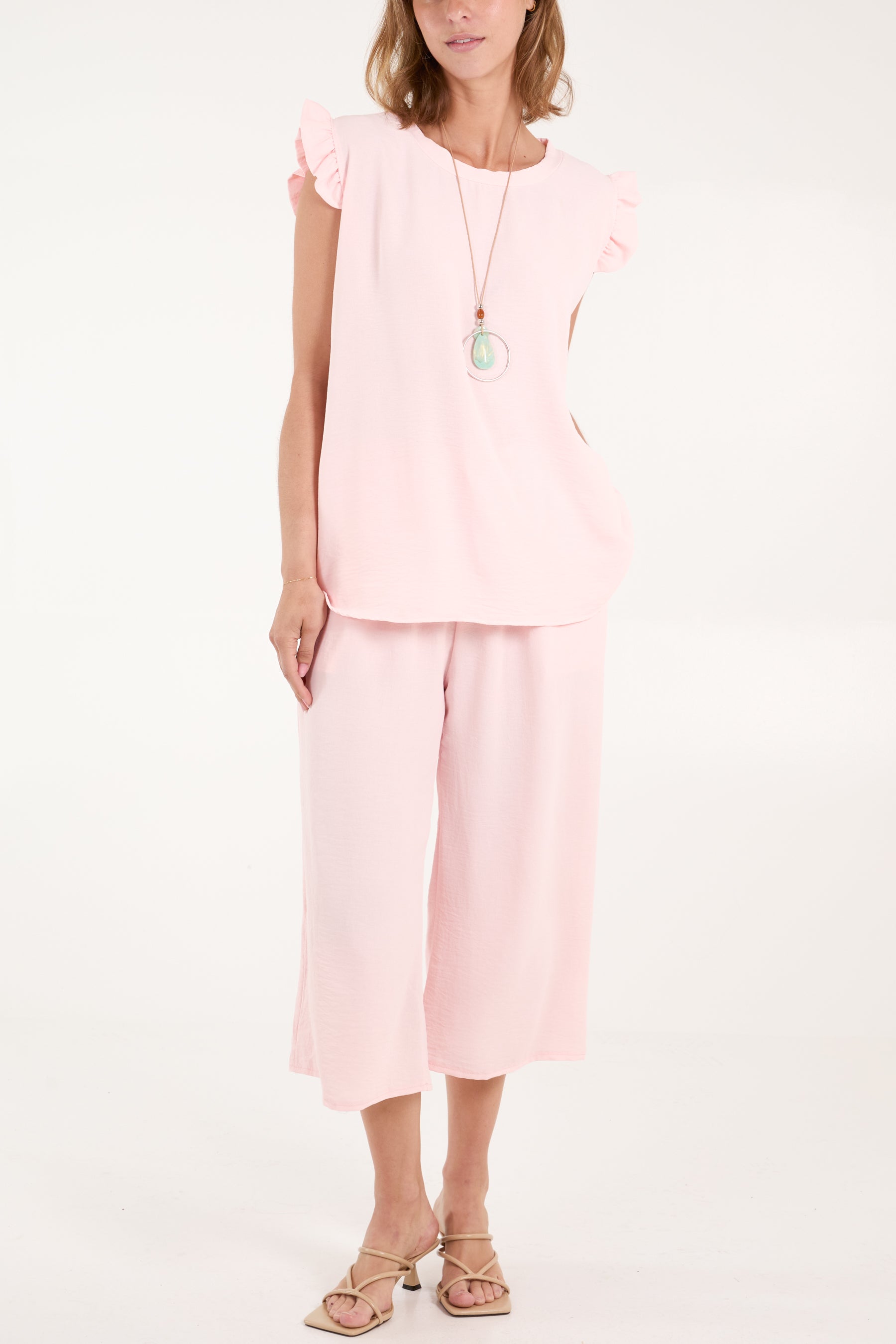 Ruffle Sleeve Top Culotte Trousers Set