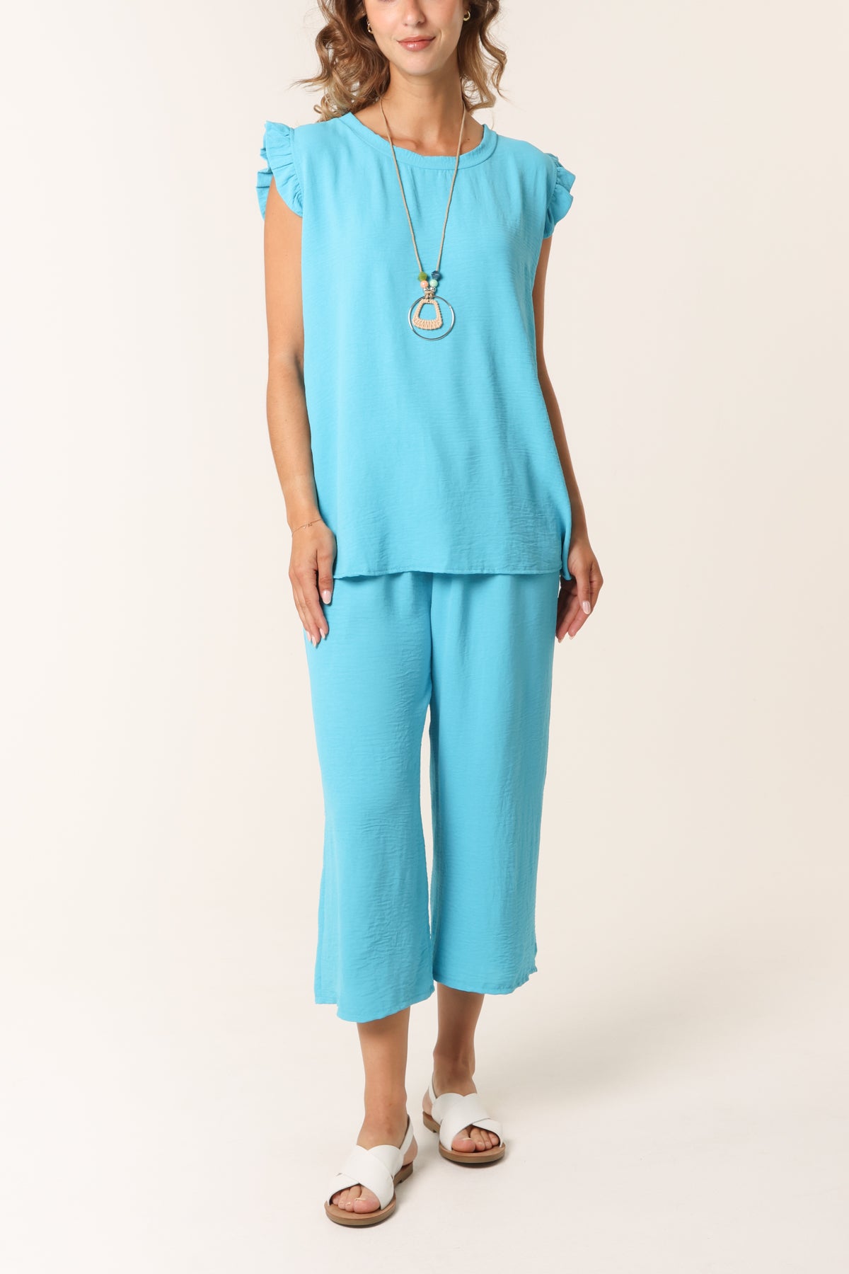 Ruffle Sleeve Top Culotte Trousers Set