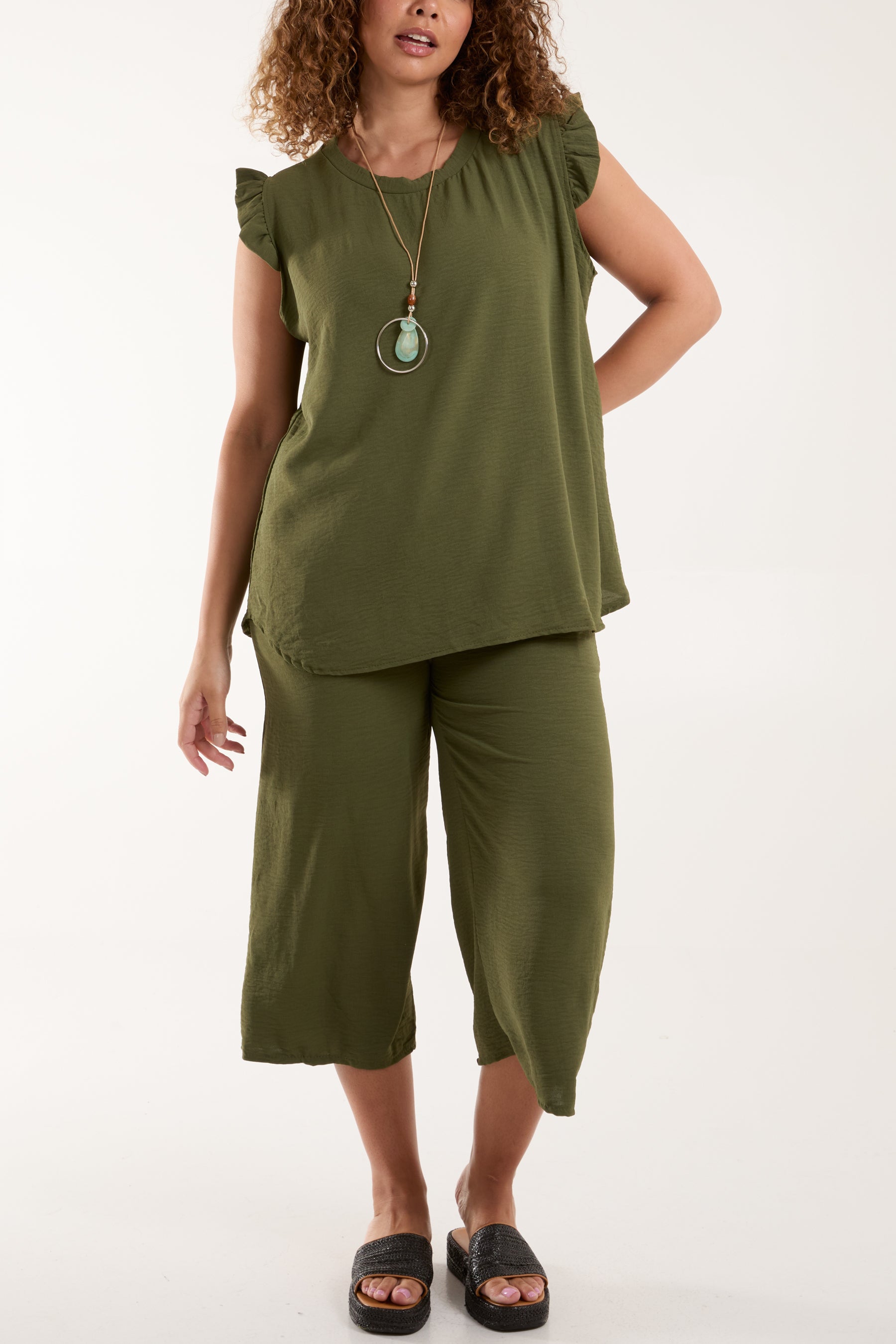 Ruffle Sleeve Top Culotte Trousers Set