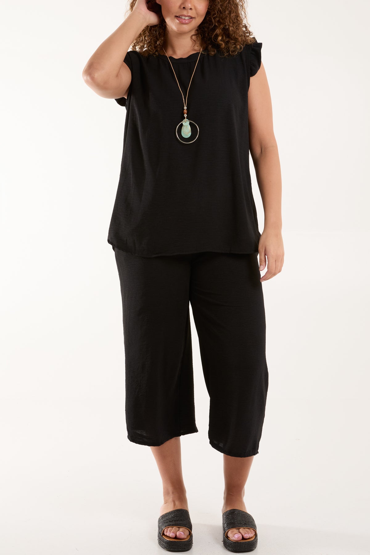 Ruffle Sleeve Top Culotte Trousers Set