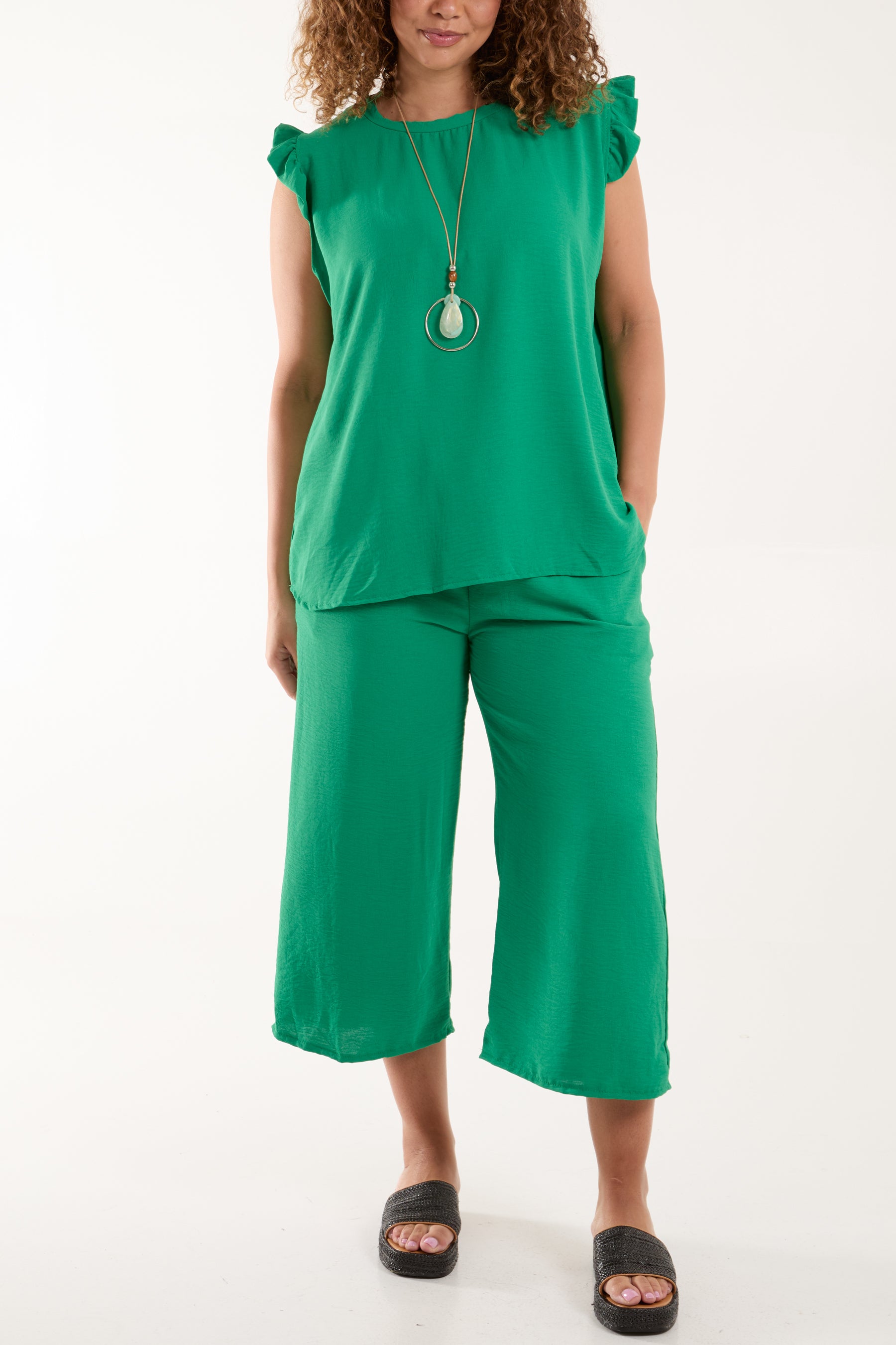 Ruffle Sleeve Top Culotte Trousers Set