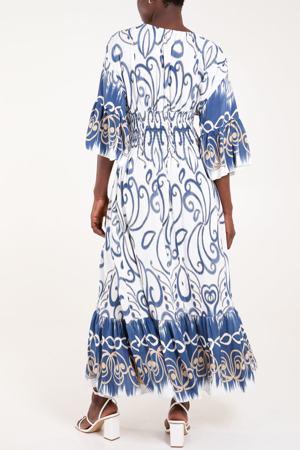 Swirl Print Shirred Bodice Maxi Dress