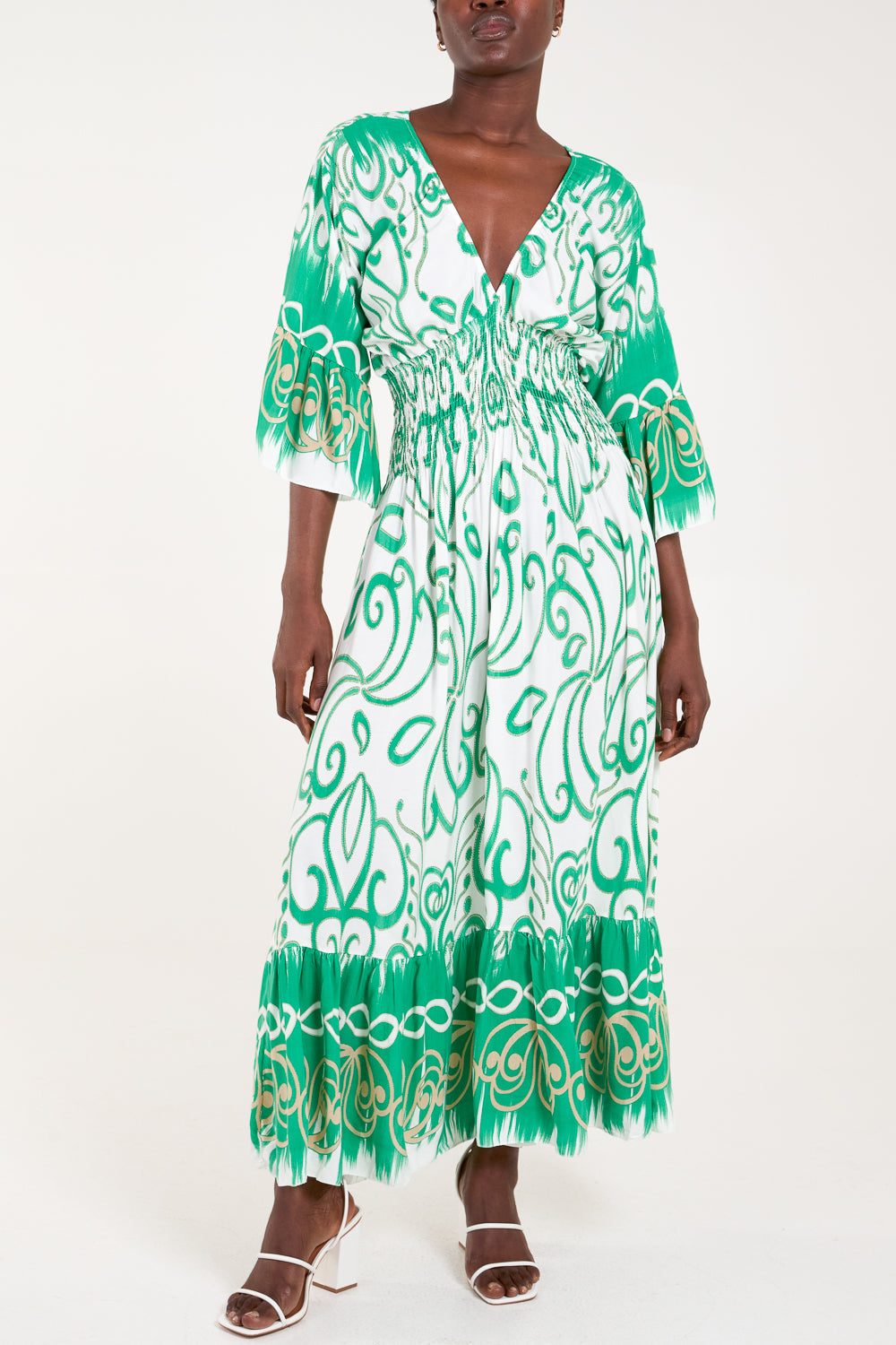 Swirl Print Shirred Bodice Maxi Dress