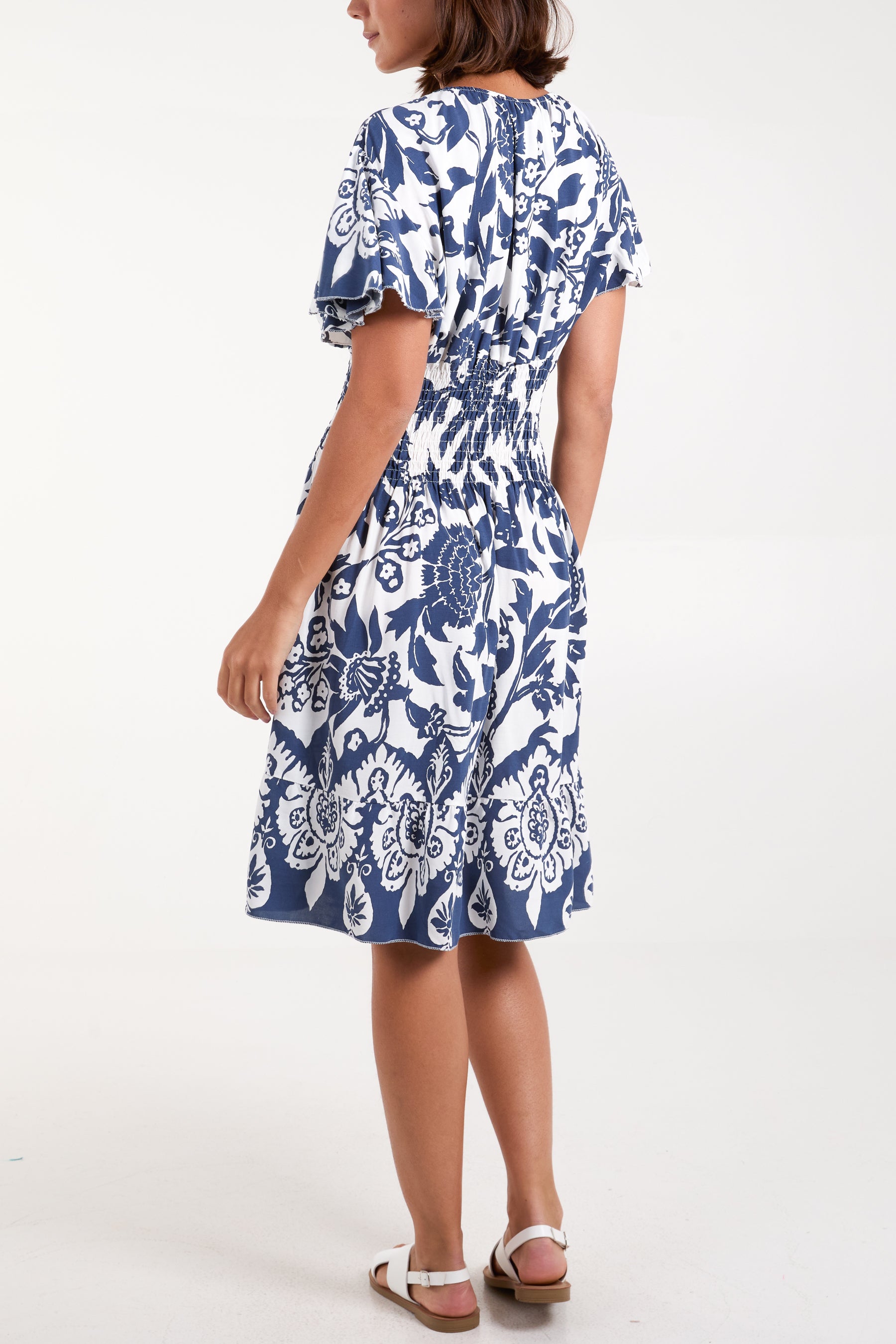 Floral Angel Sleeve Shirred Bodice Mini