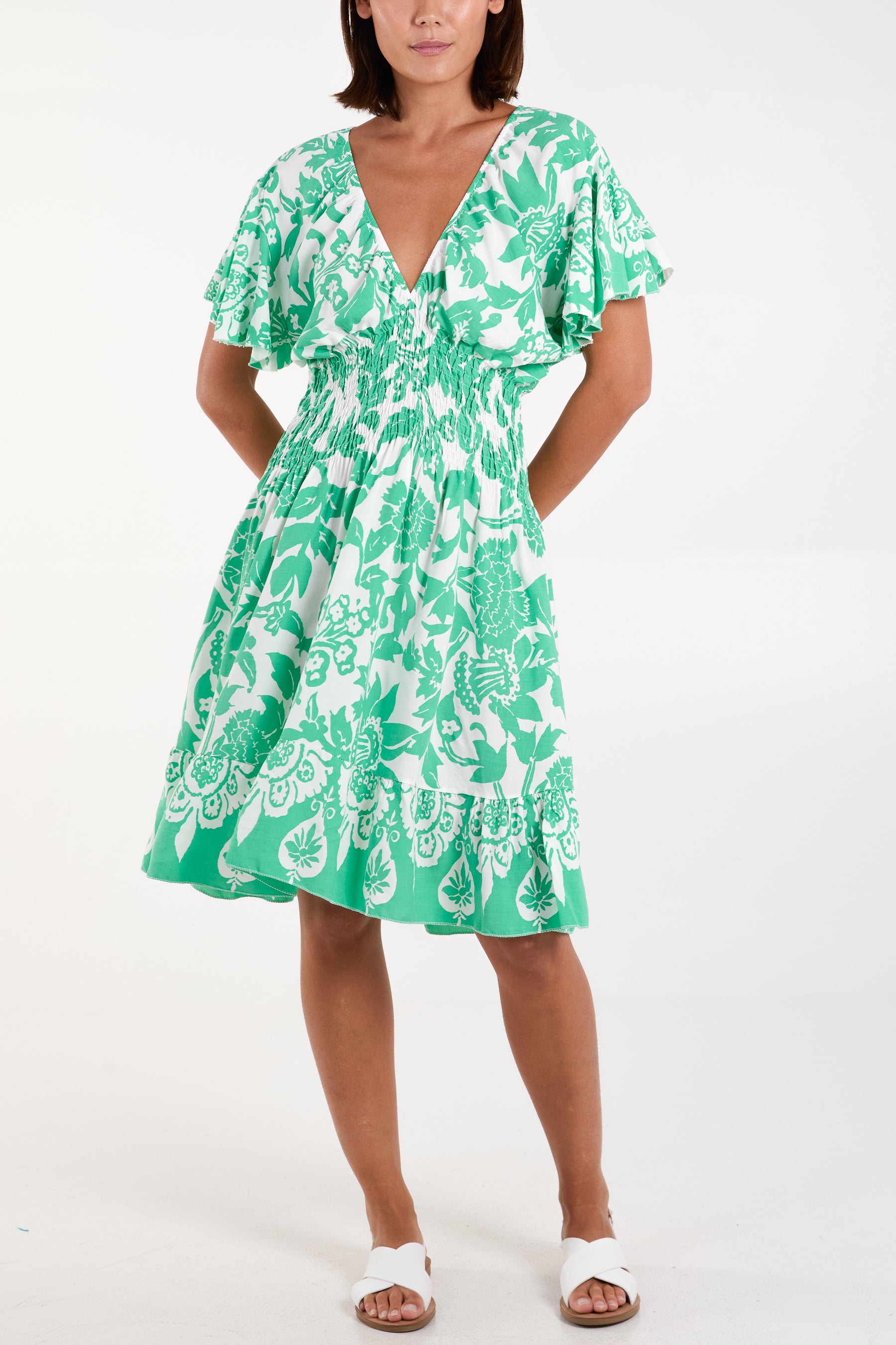 Floral Angel Sleeve Shirred Bodice Mini