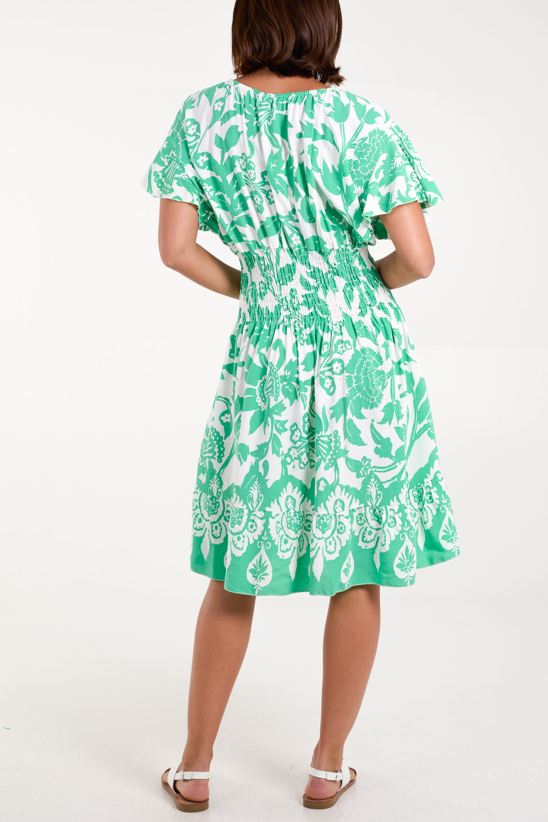 Floral Angel Sleeve Shirred Bodice Mini