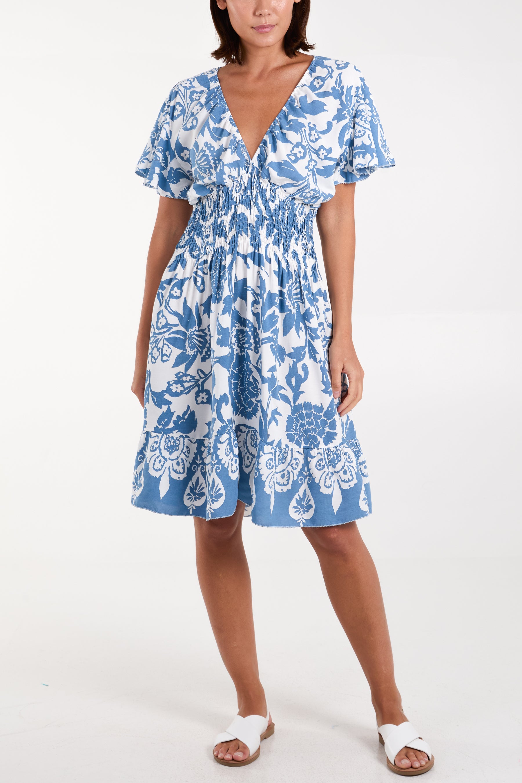 Floral Angel Sleeve Shirred Bodice Mini