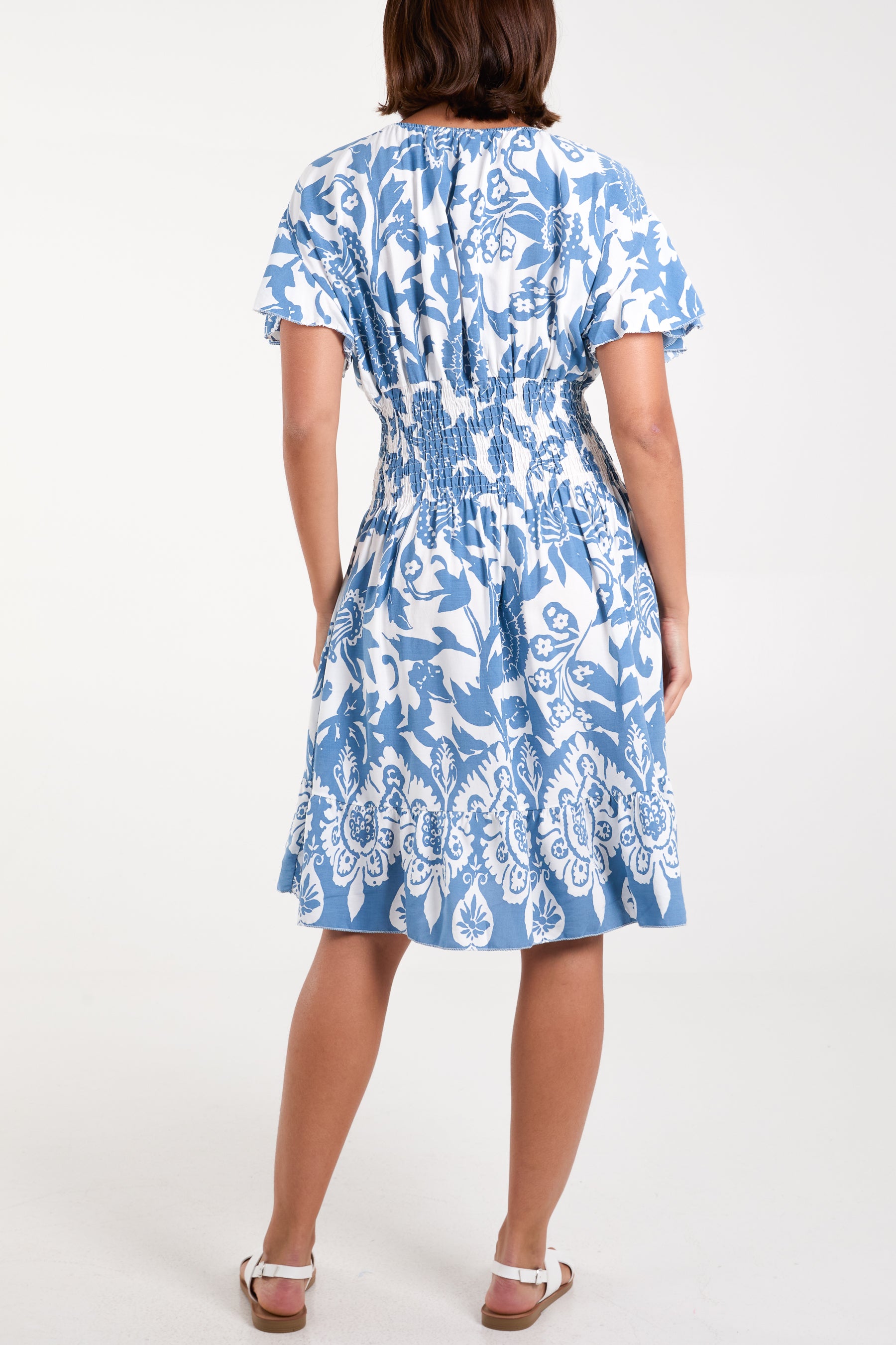 Floral Angel Sleeve Shirred Bodice Mini