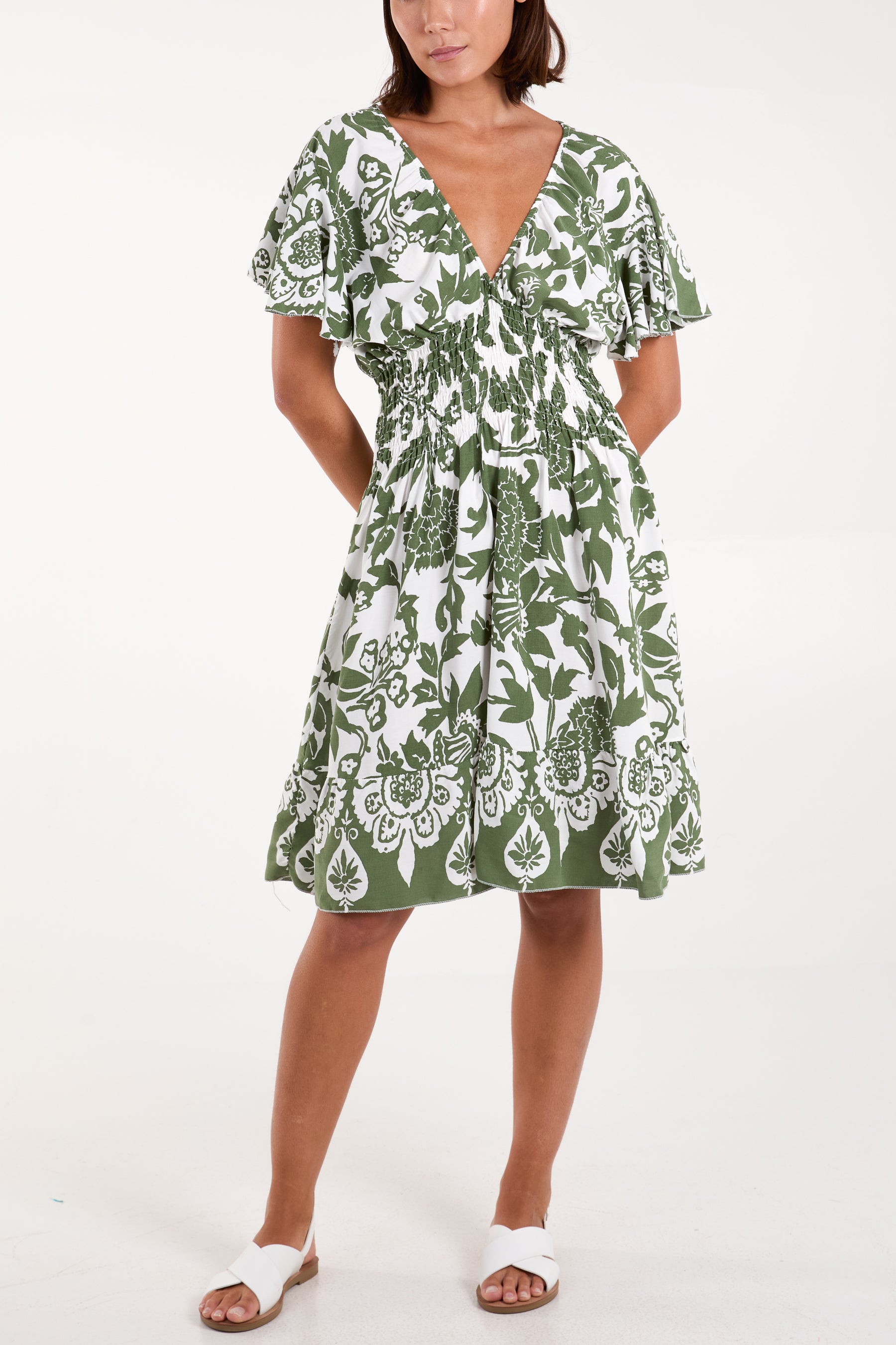 Floral Angel Sleeve Shirred Bodice Mini