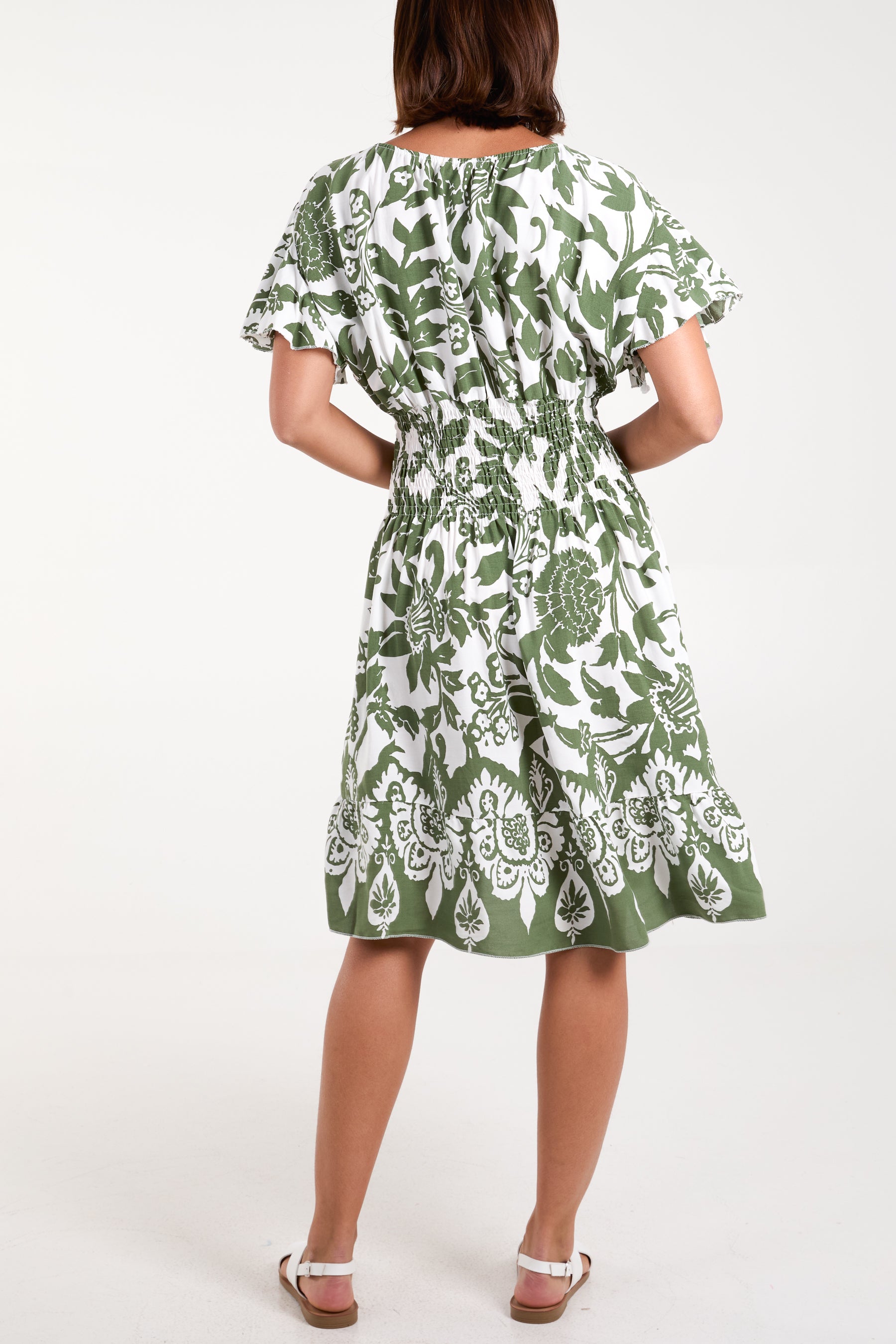 Floral Angel Sleeve Shirred Bodice Mini