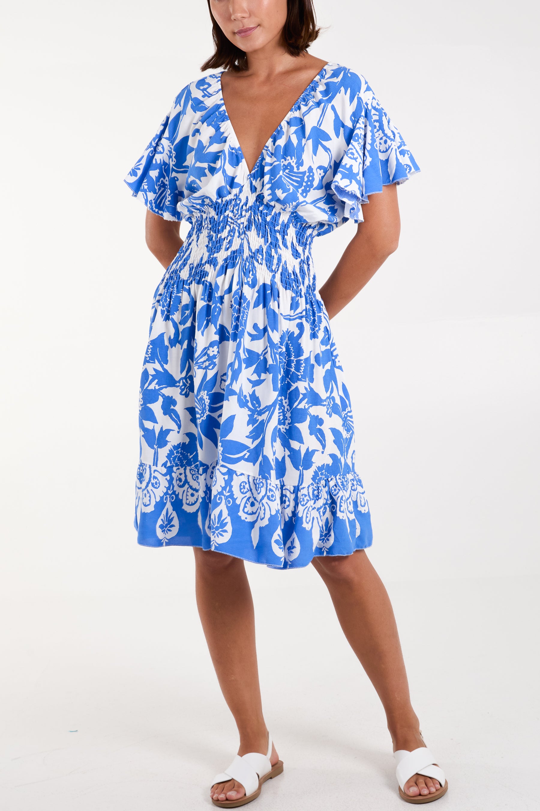 Floral Angel Sleeve Shirred Bodice Mini