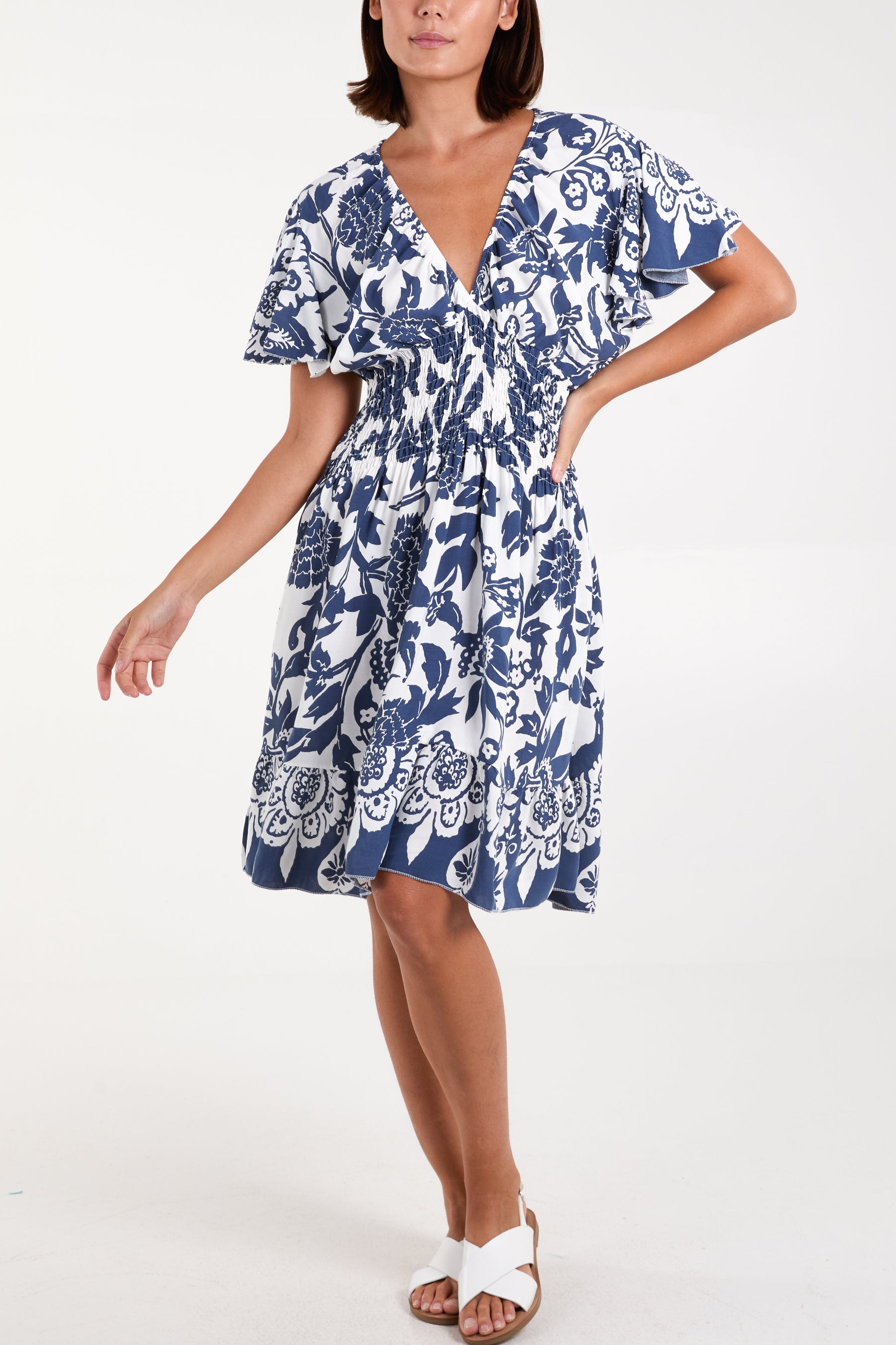 Floral Angel Sleeve Shirred Bodice Mini