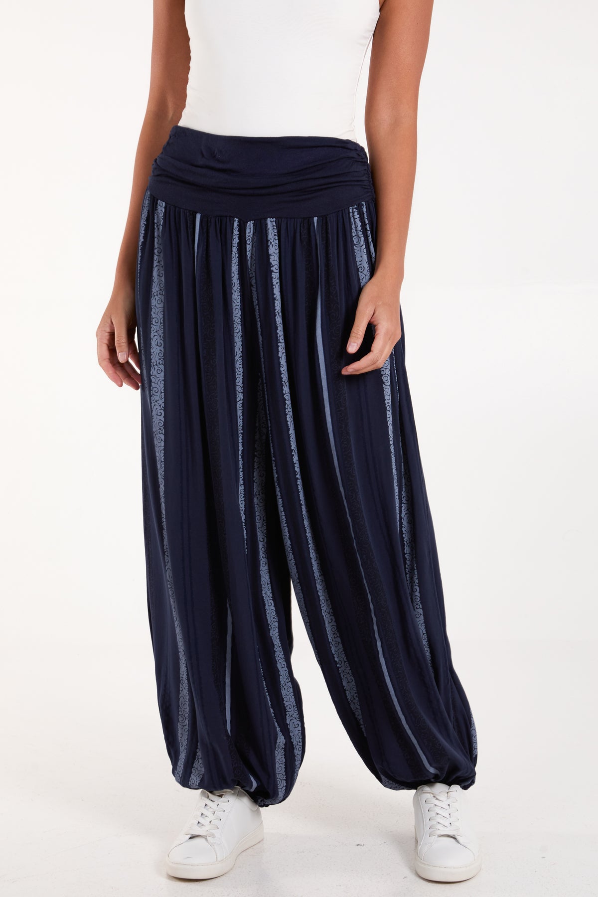 Vertical Stripe Contrast Waist Harem Pants