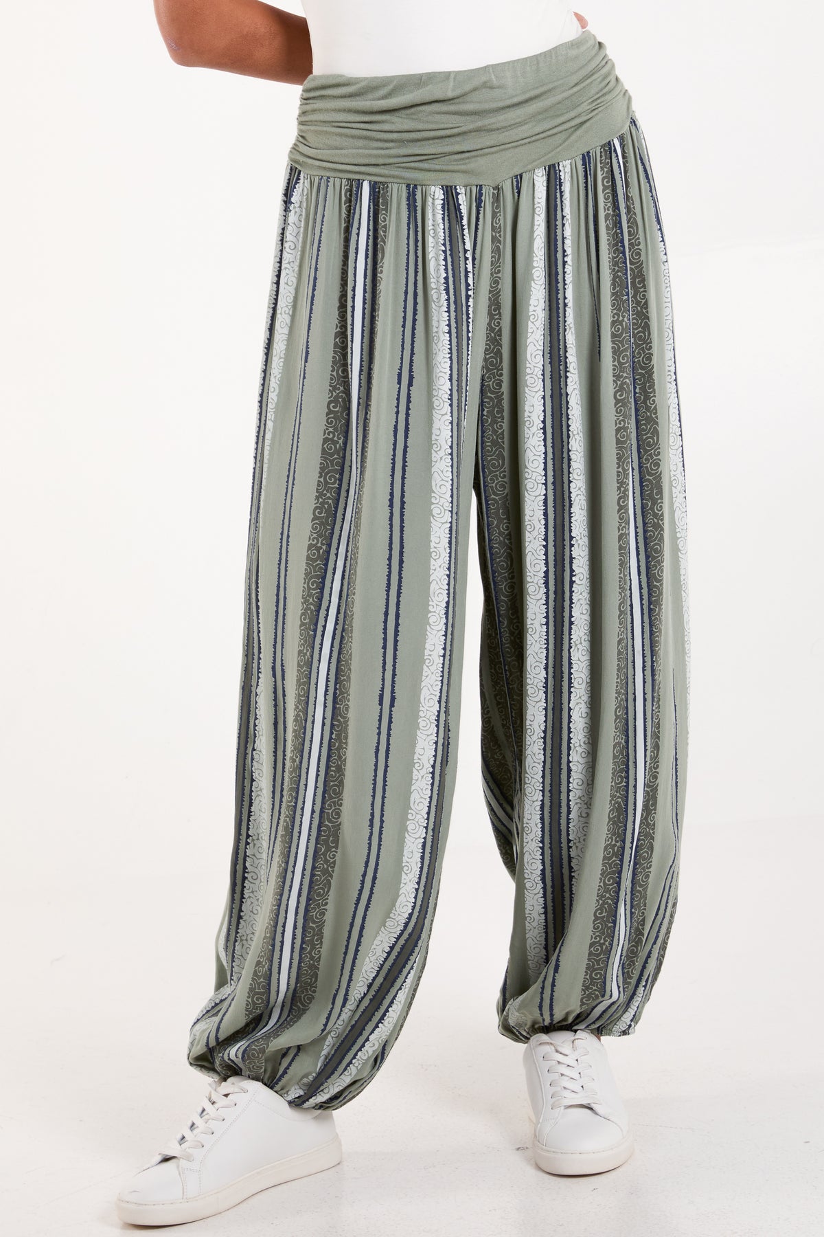 Vertical Stripe Contrast Waist Harem Pants