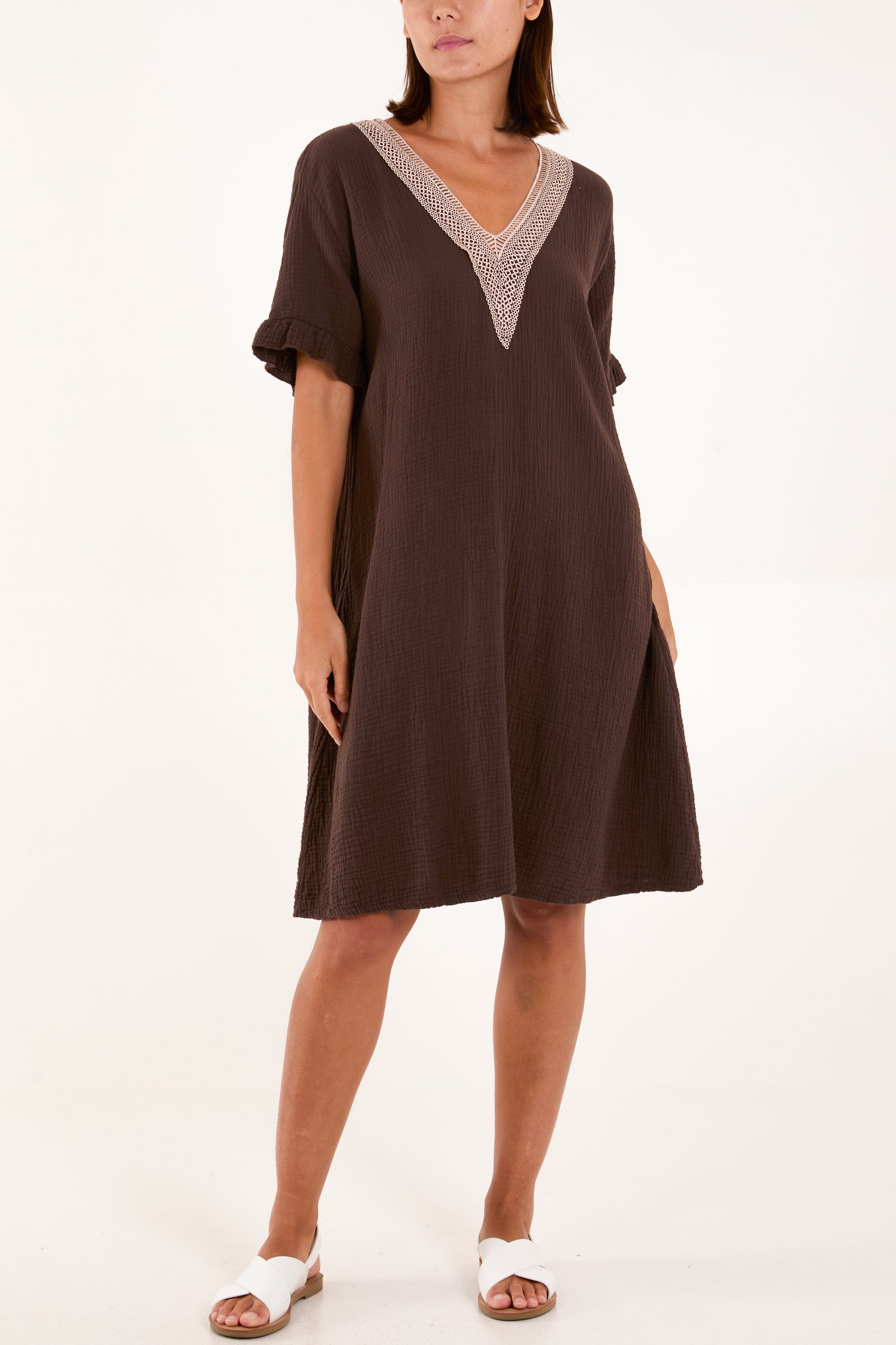 Gold Embroidered Cheesecloth Dress