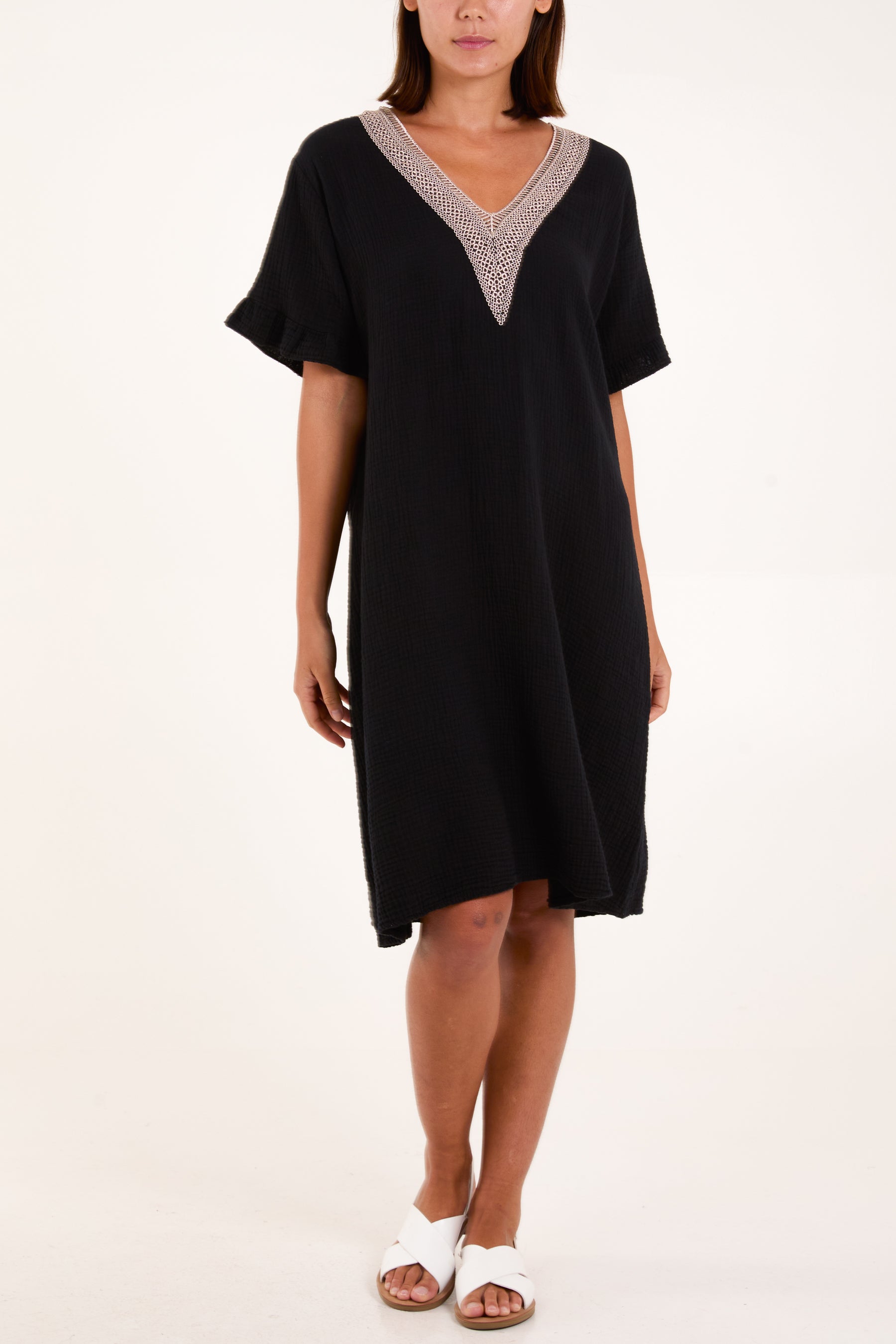 Gold Embroidered Cheesecloth Dress