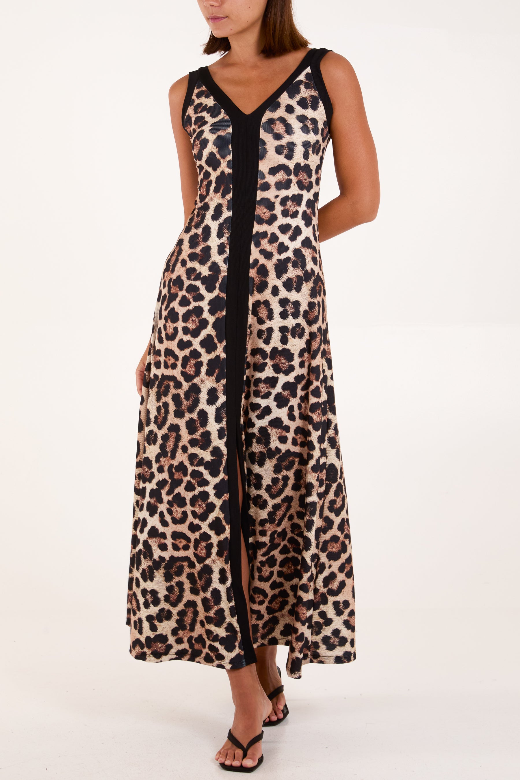 Animal Print Rib Front Split Dress