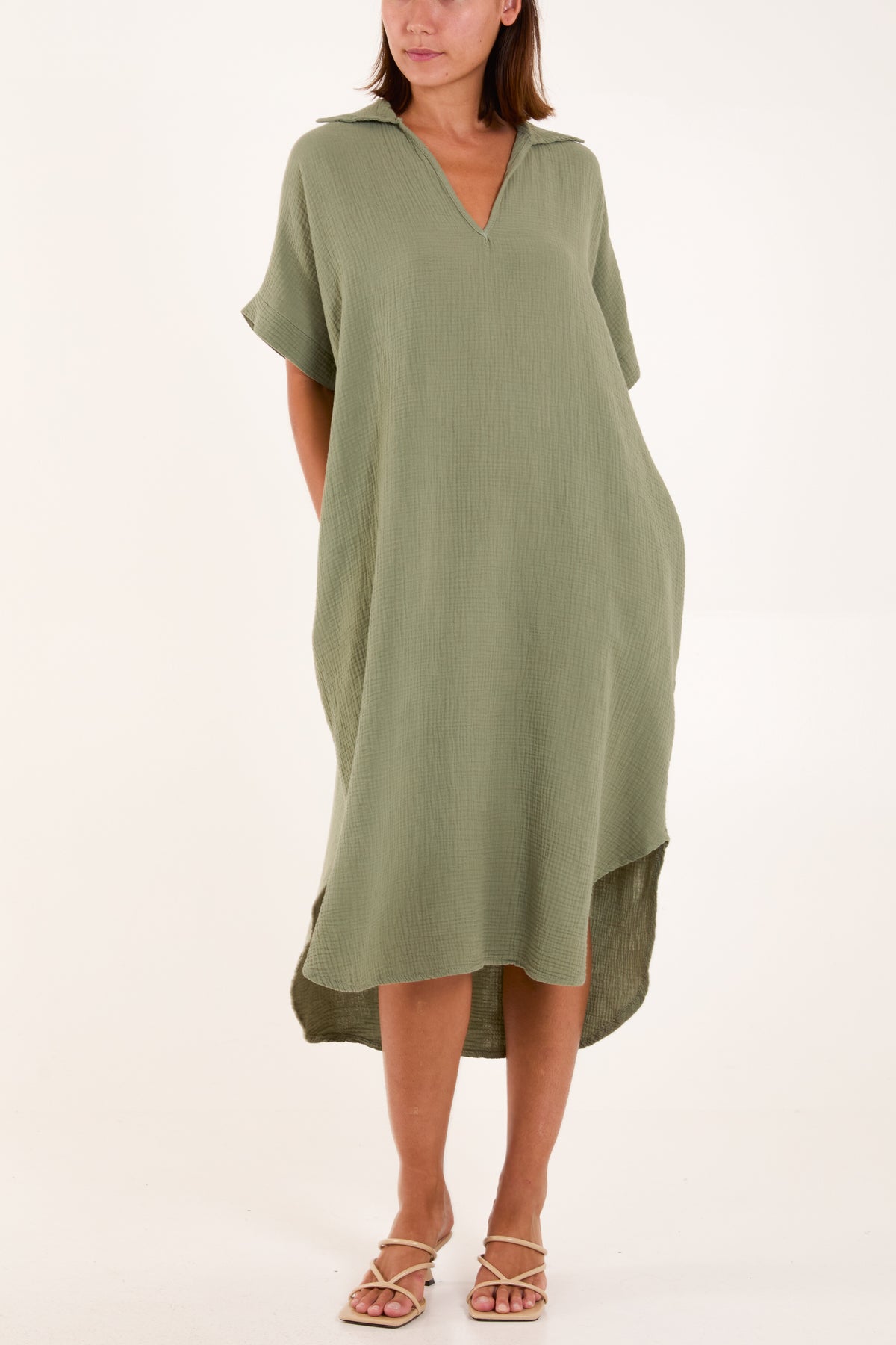Open Collar Cheesecloth Pockets Dress