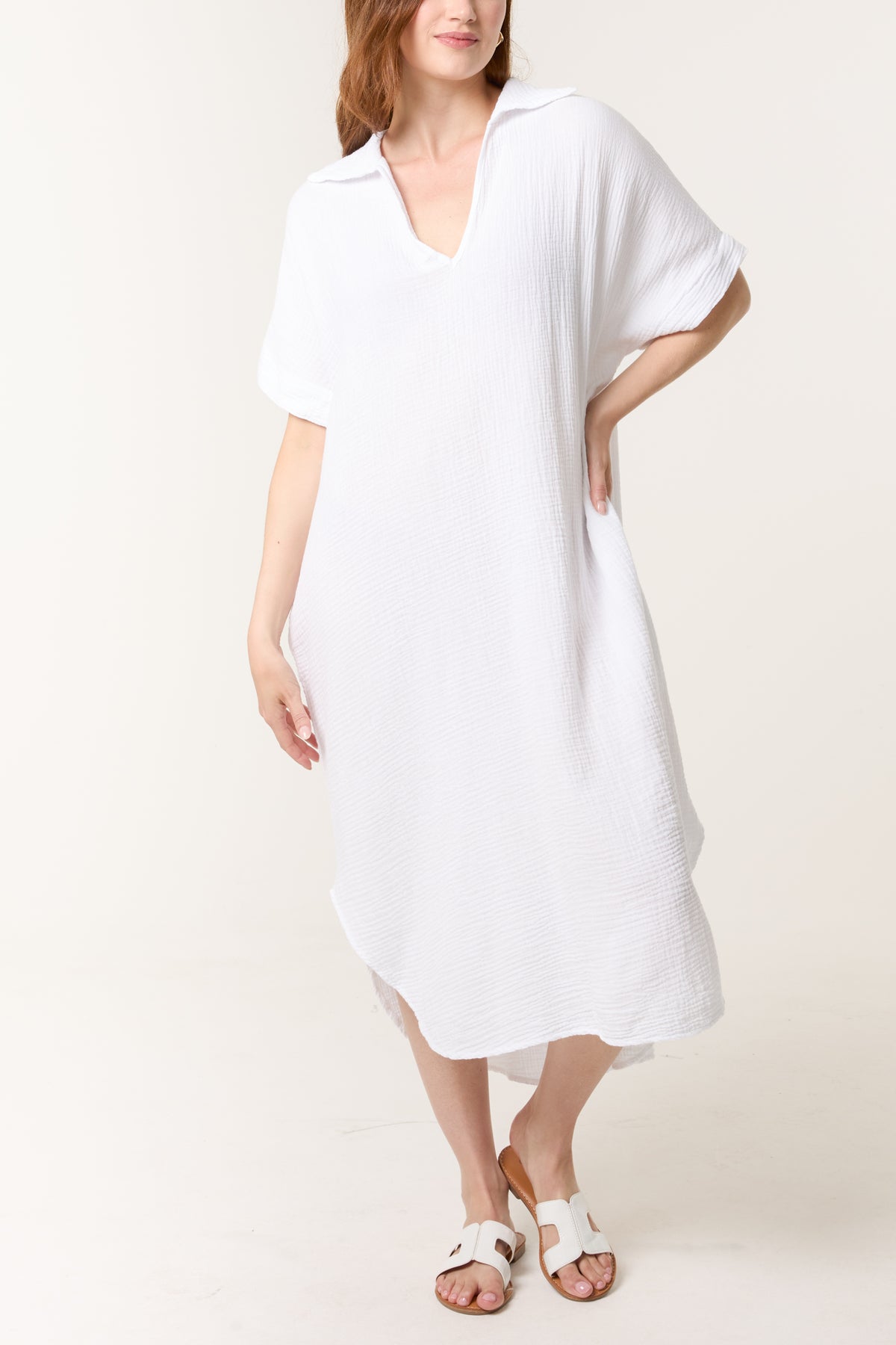 Open Collar Cheesecloth Pockets Dress