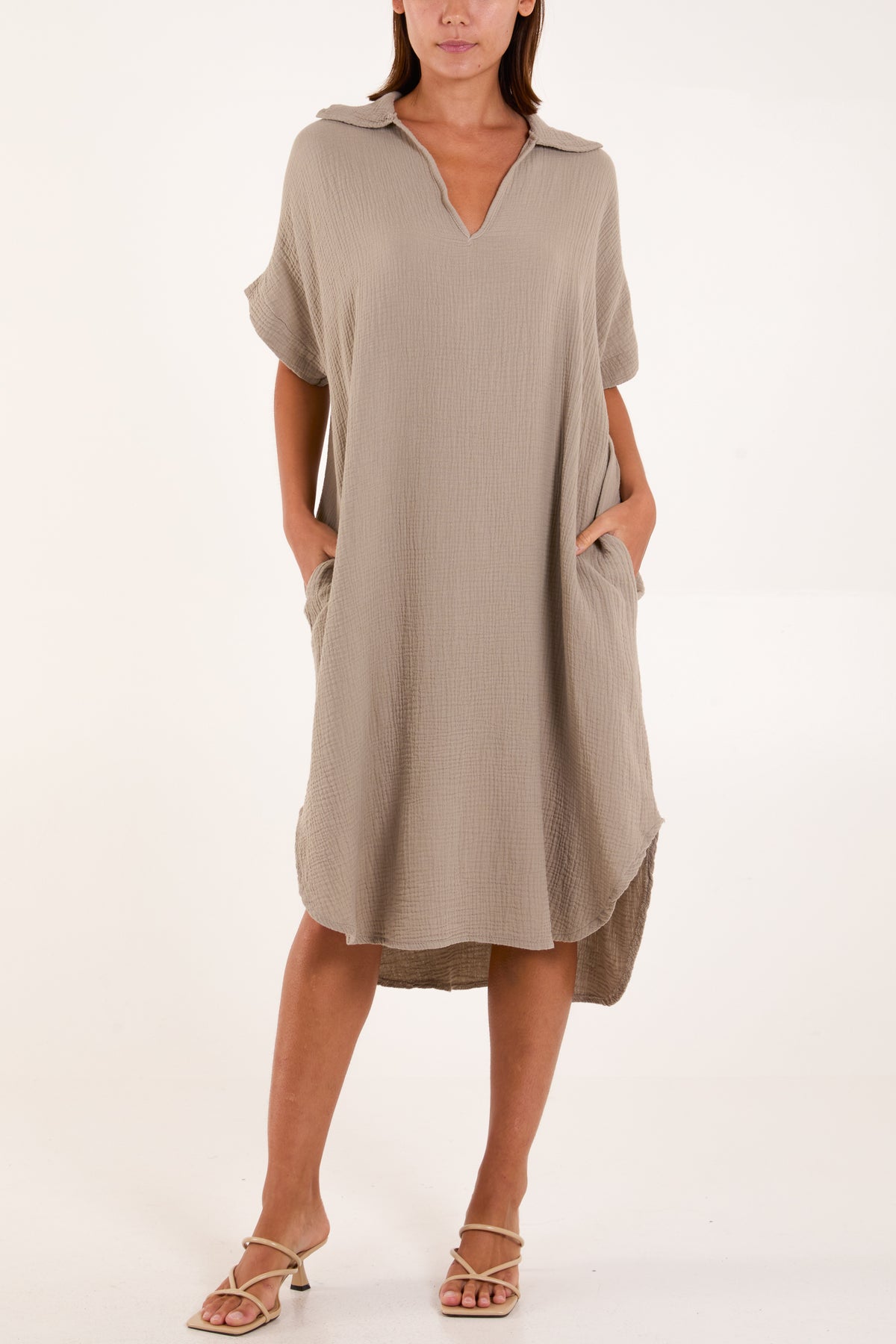 Open Collar Cheesecloth Pockets Dress
