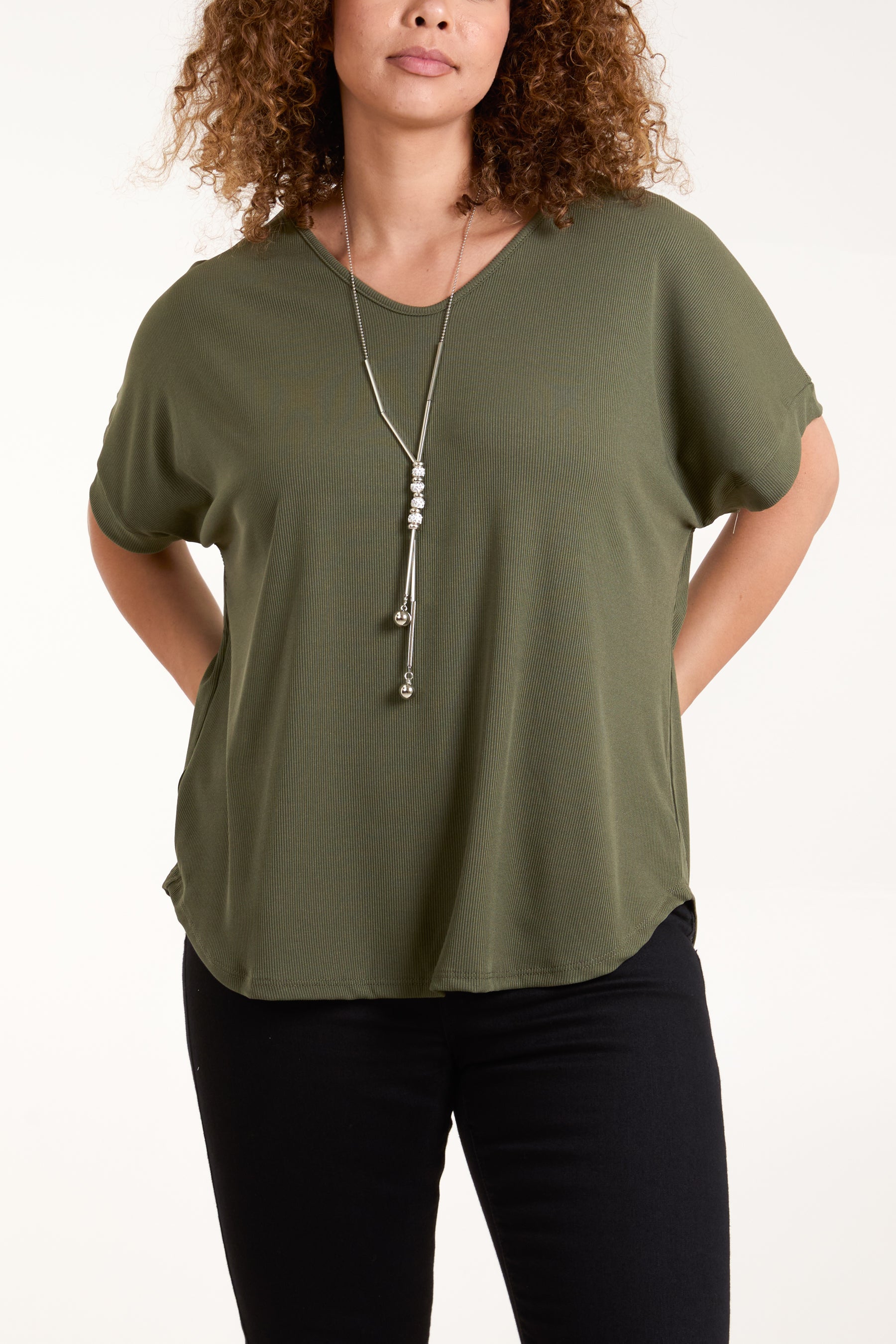 Necklace Short Sleeve Ribbed Top
