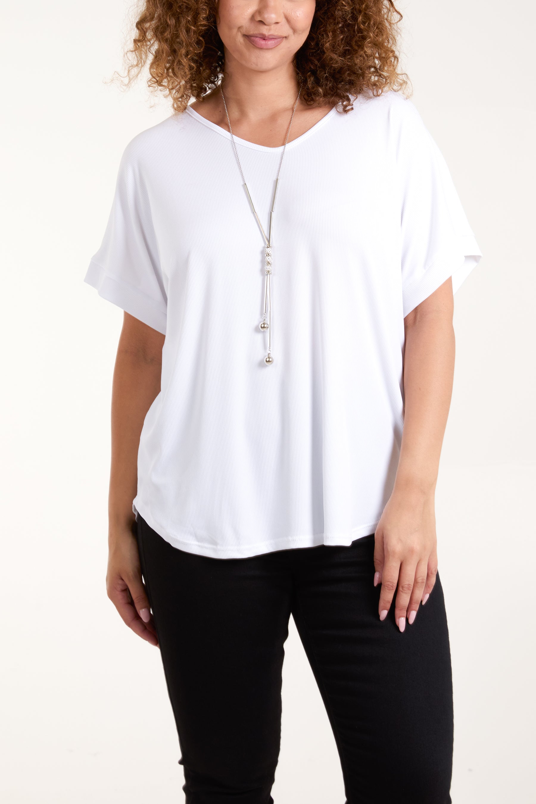 Necklace Short Sleeve Ribbed Top