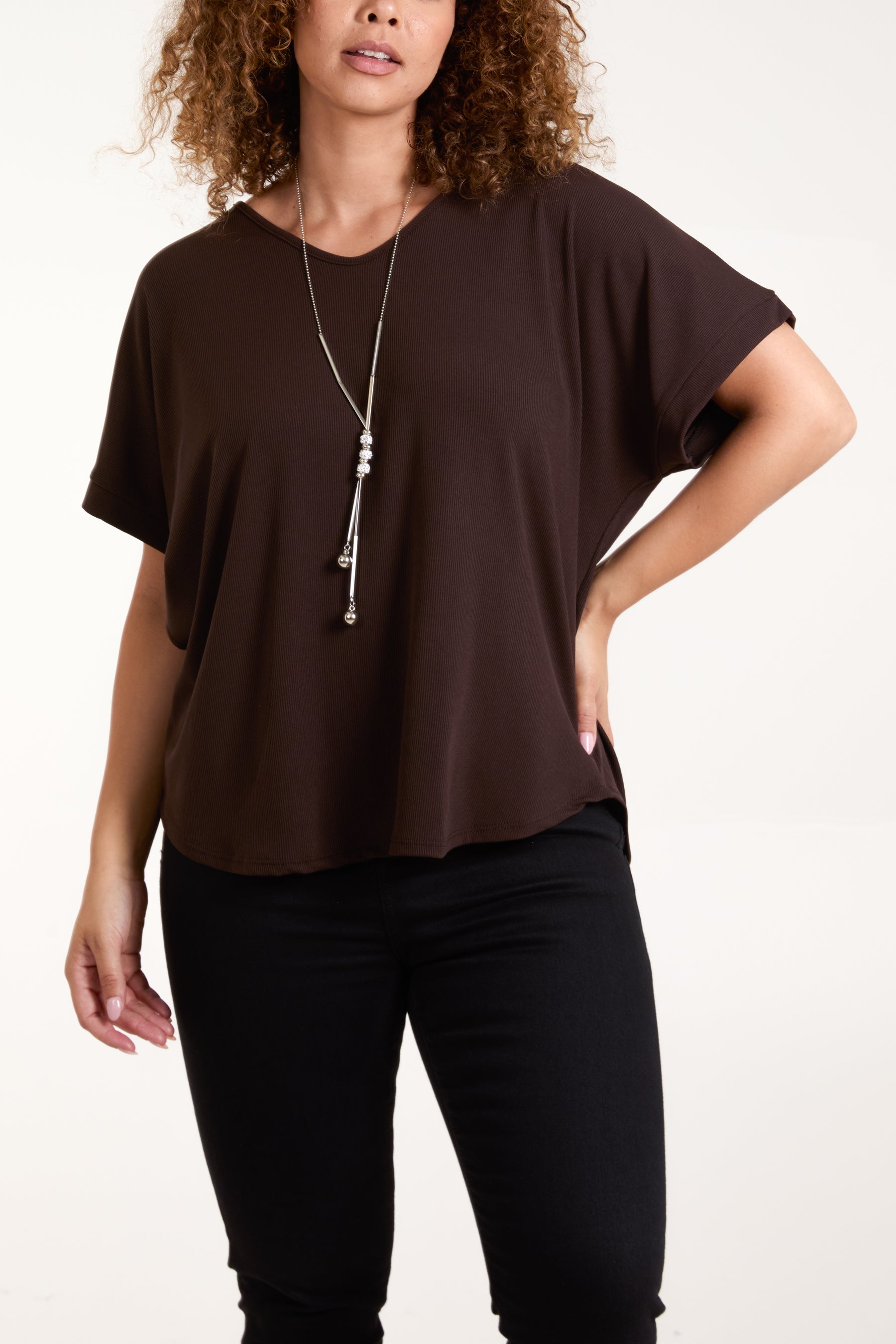 Necklace Short Sleeve Ribbed Top